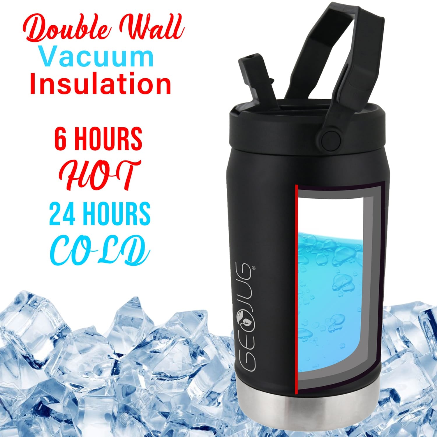 Brentwood Geojug Vacuum-Insulated Stainless Steel Sports Water Jug with Spout Straw Lid, and Handle with Fence Hook, 40 Oz., Black