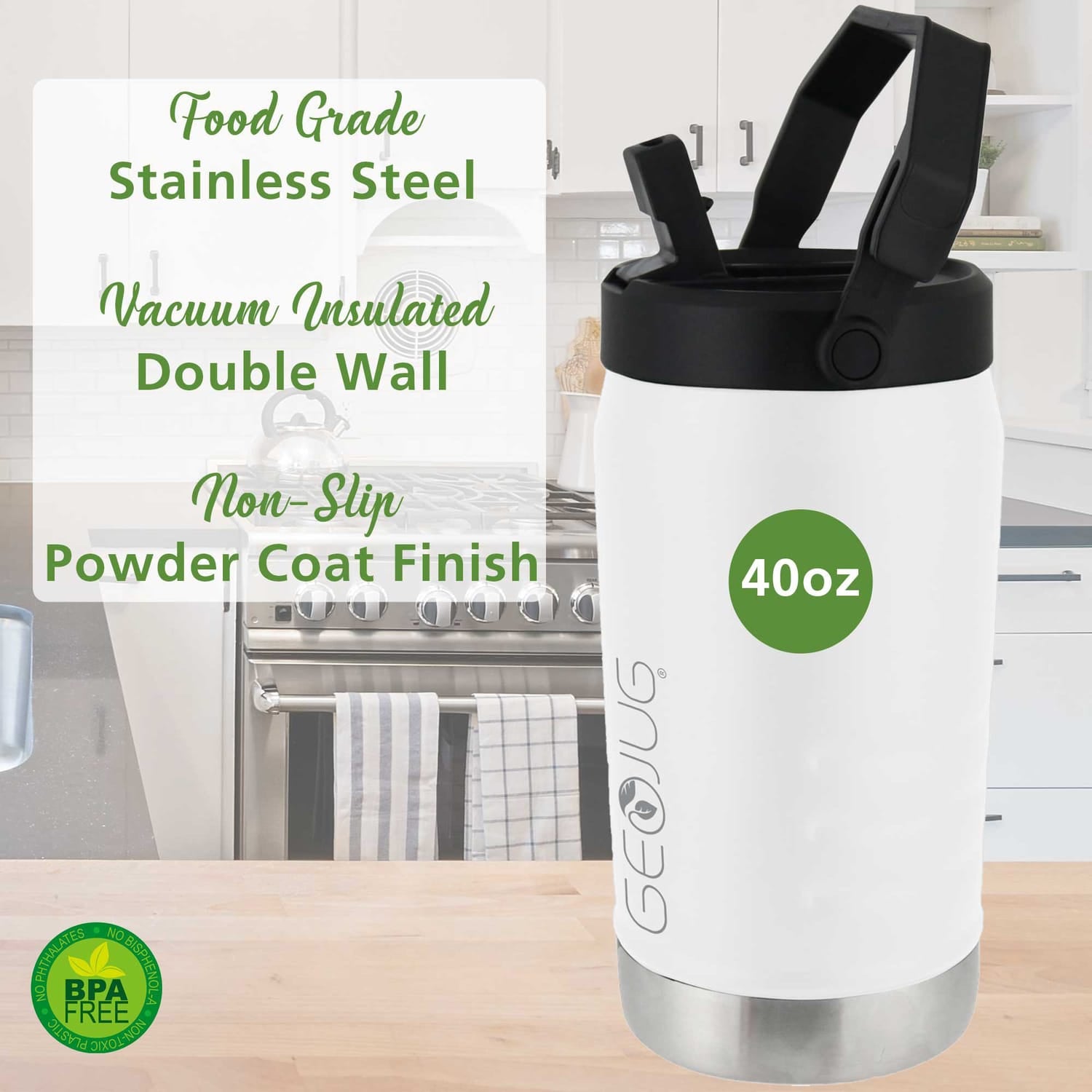 Brentwood Geojug Vacuum-Insulated Stainless Steel Sports Water Jug with Spout Straw Lid, and Handle with Fence Hook, 40 Oz., Cream