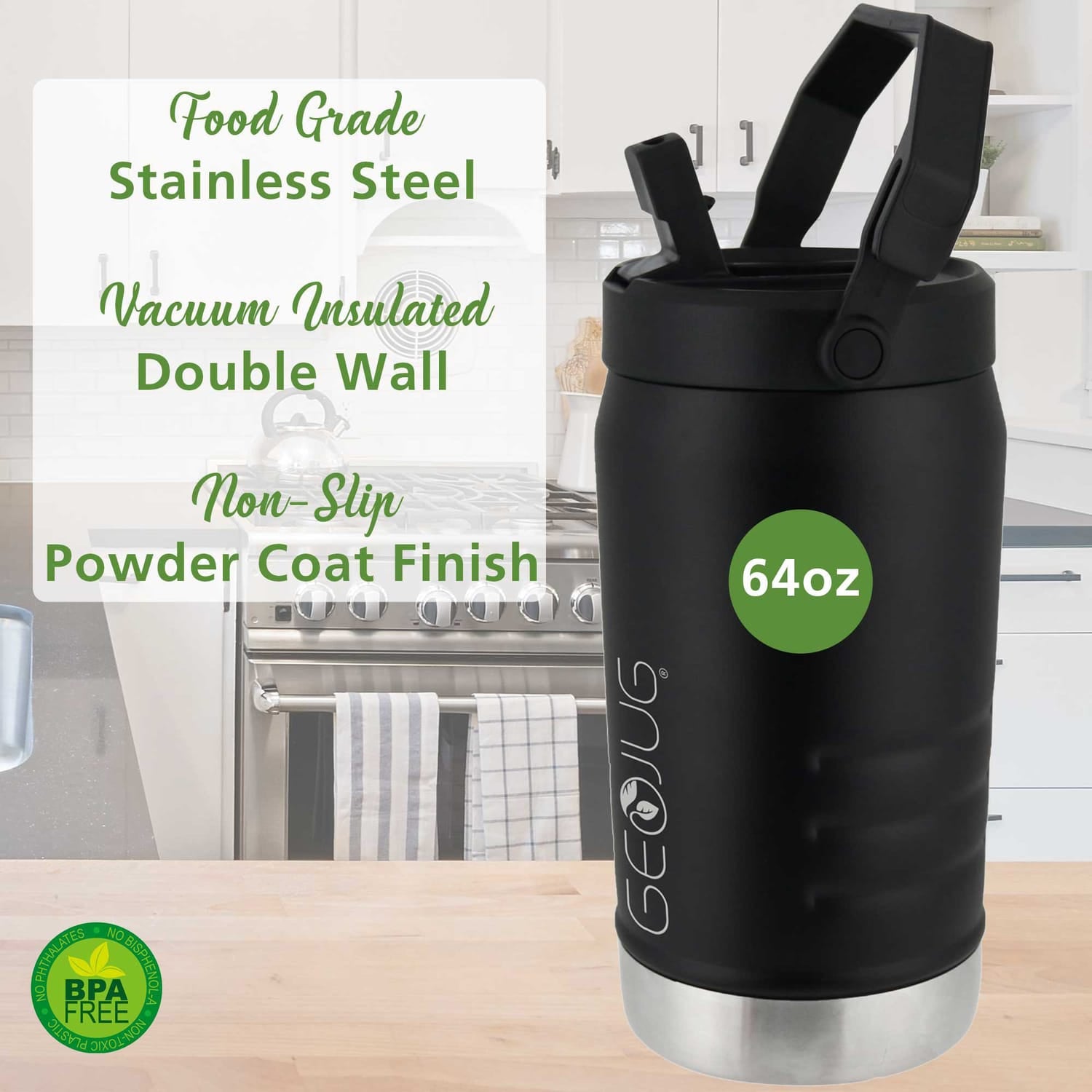 Brentwood Geojug Vacuum-Insulated Stainless Steel Sports Water Jug with Spout Straw Lid, and Handle with Fence Hook, 64 Oz., Black