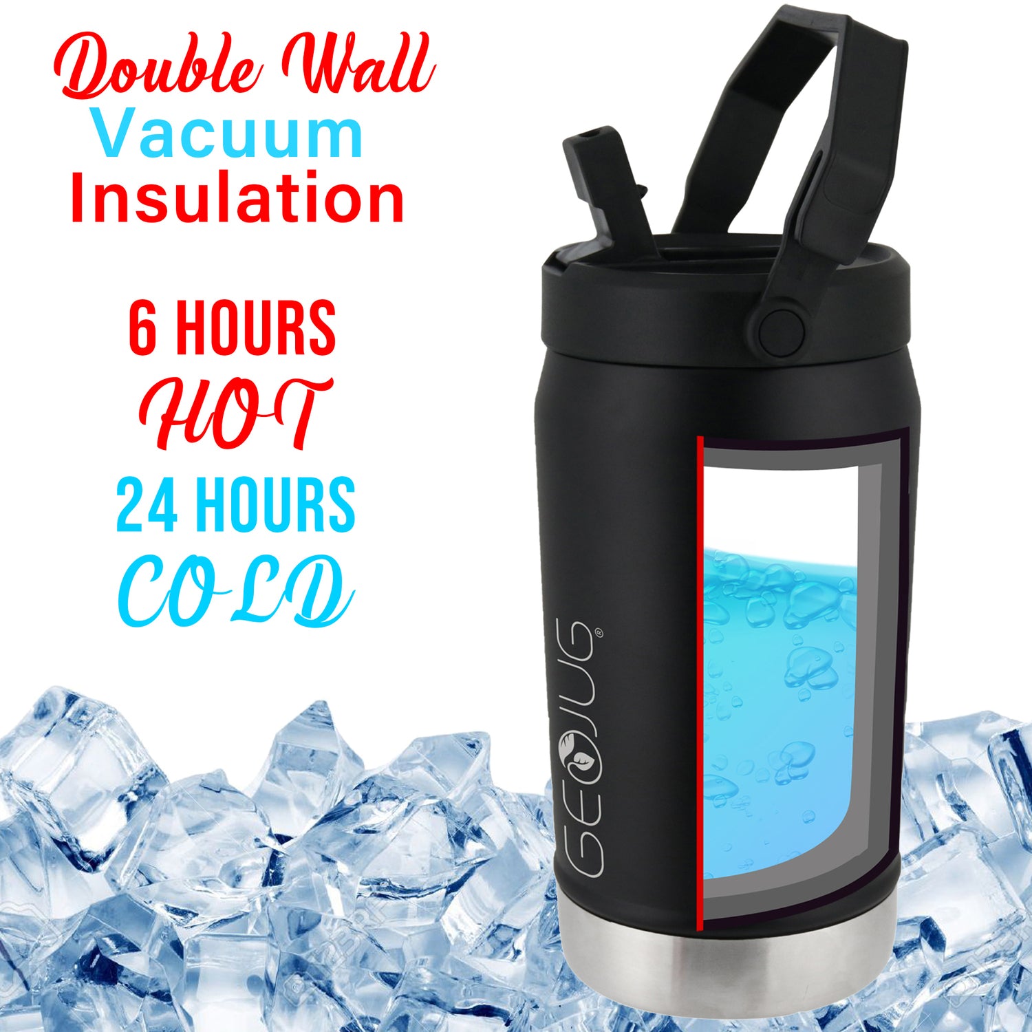 Brentwood Geojug Vacuum-Insulated Stainless Steel Sports Water Jug with Spout Straw Lid, and Handle with Fence Hook, 64 Oz., Black