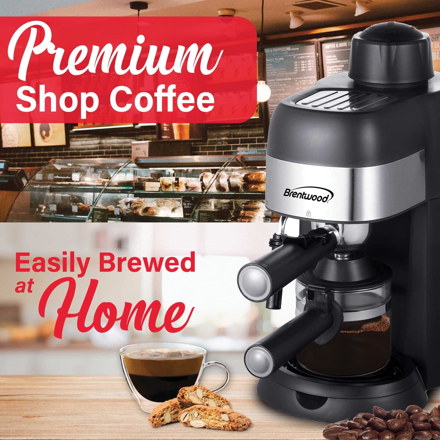 Brentwood GA-134BK 4-Cup Stainless Steel Espresso and Cappuccino Maker Machine