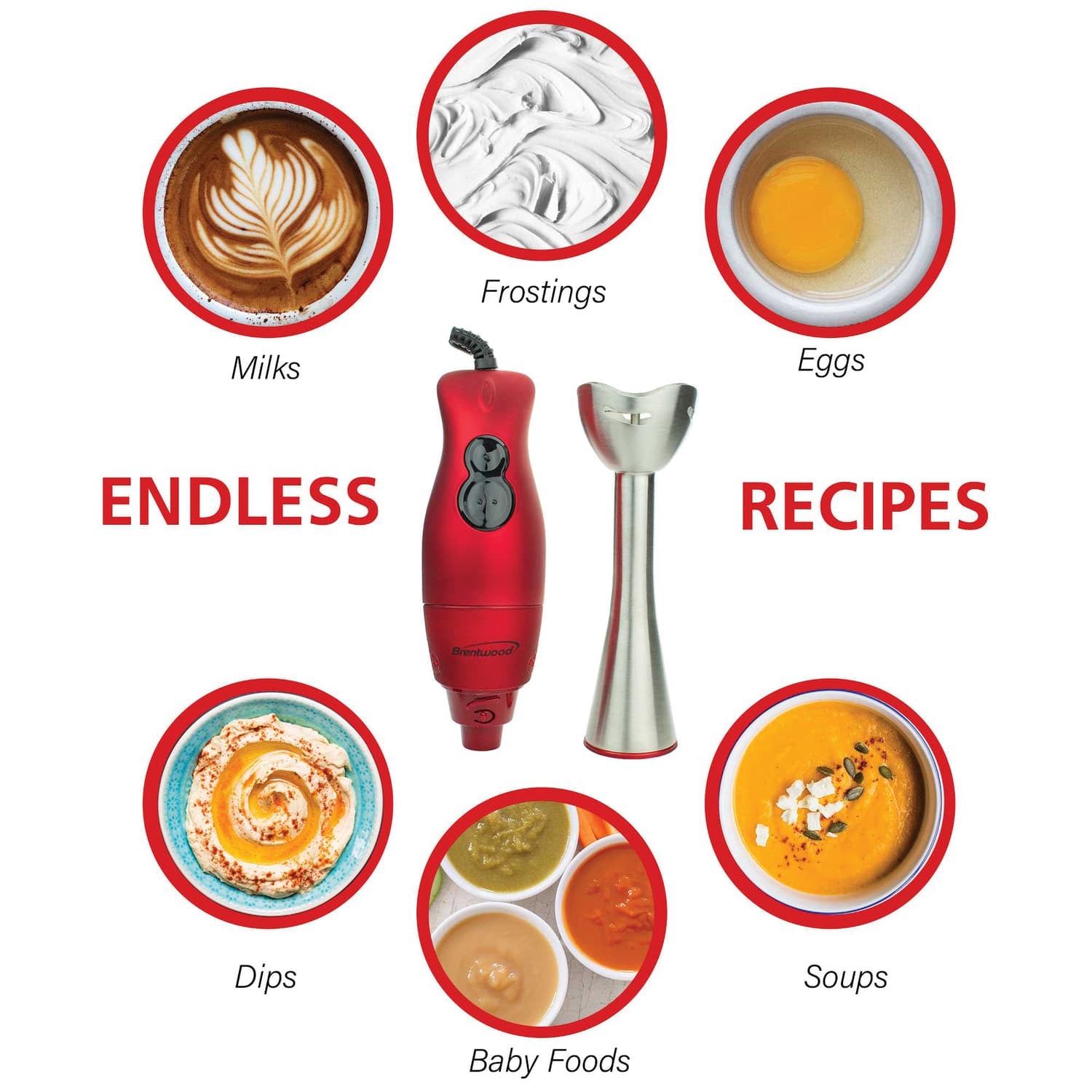 Brentwood 2-Speed 200-Watt Corded Hand Blender, Red