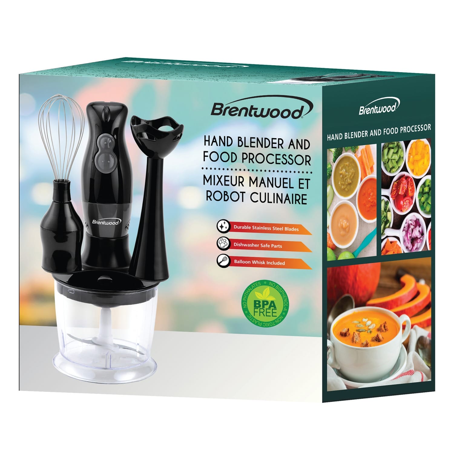 Brentwood 2-Speed Hand Blender and Food Processor with Balloon Whisk, Black