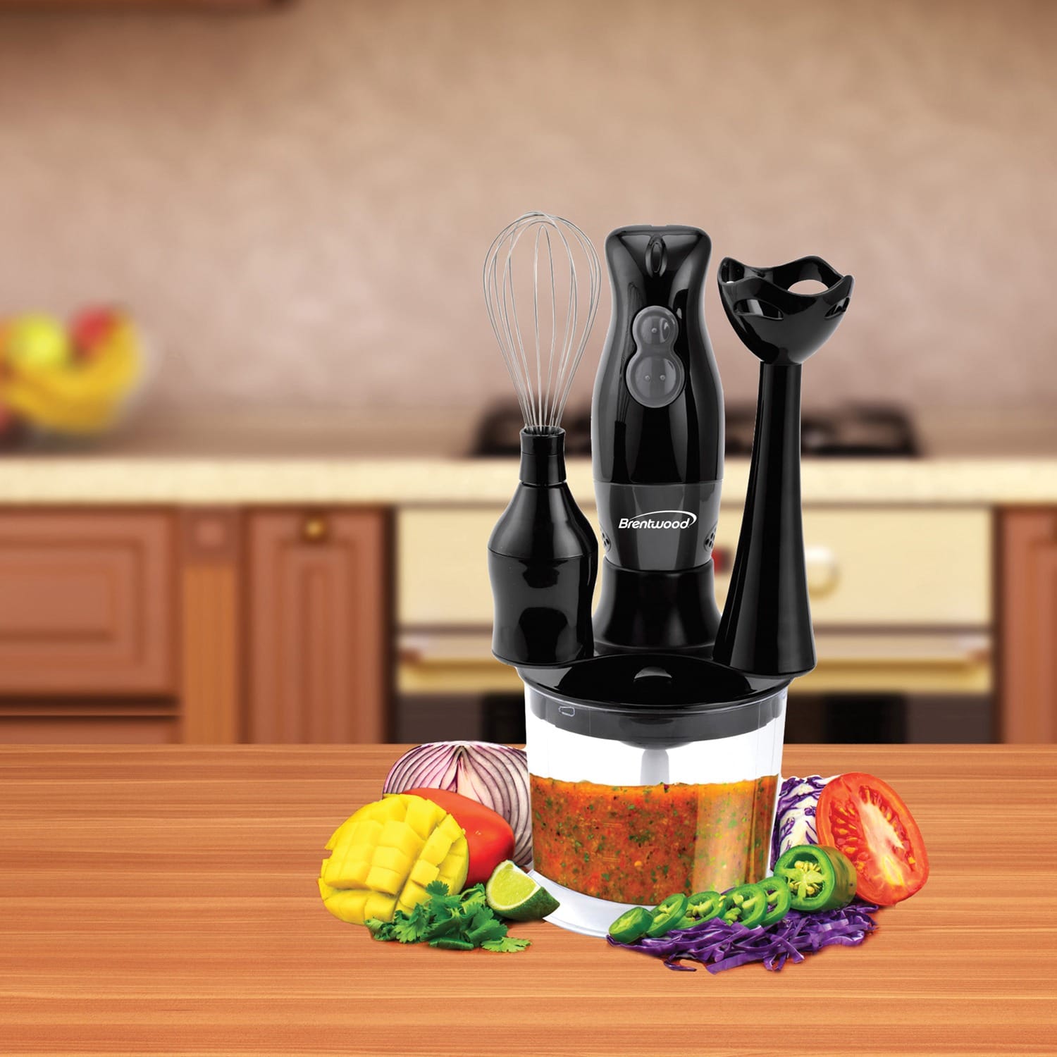 Brentwood 2-Speed Hand Blender and Food Processor with Balloon Whisk, Black