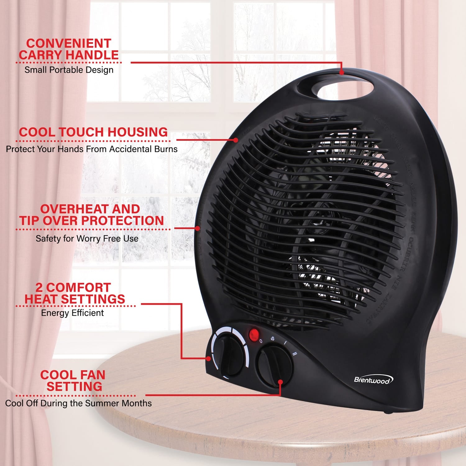 Brentwood H-F301BK 1500-Watt-Max Portable Electric Space Heater and Fan, Black