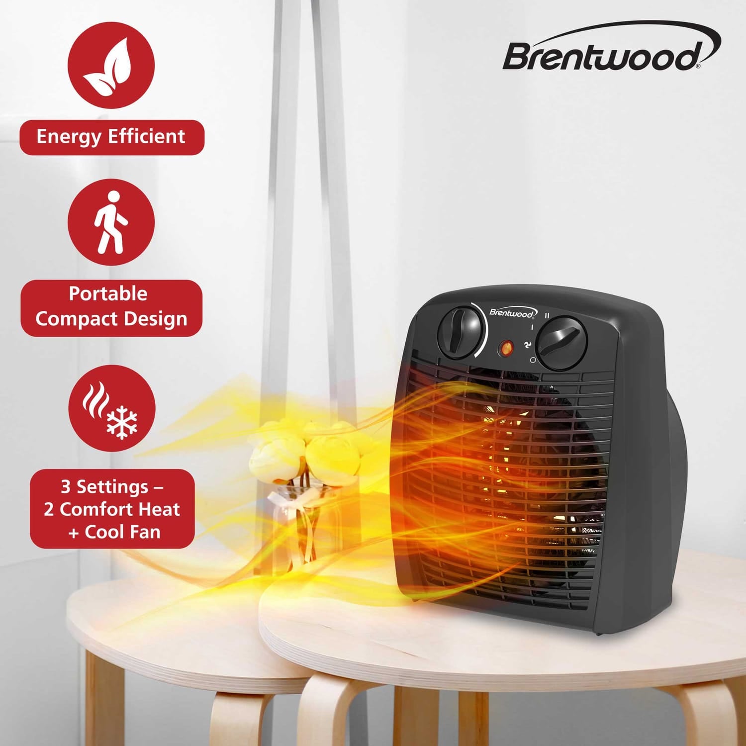 Brentwood Portable Electric Space Heater and Fan, 1500/750 Watts/Fan Only, 5000 BTUs, Adjustable Thermostat, Safety Features, 6-Ft. Cord, H-F305BK