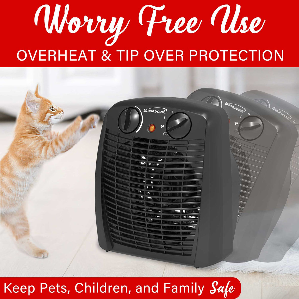 Brentwood Portable Electric Space Heater and Fan, 1500/750 Watts/Fan Only, 5000 BTUs, Adjustable Thermostat, Safety Features, 6-Ft. Cord, H-F305BK