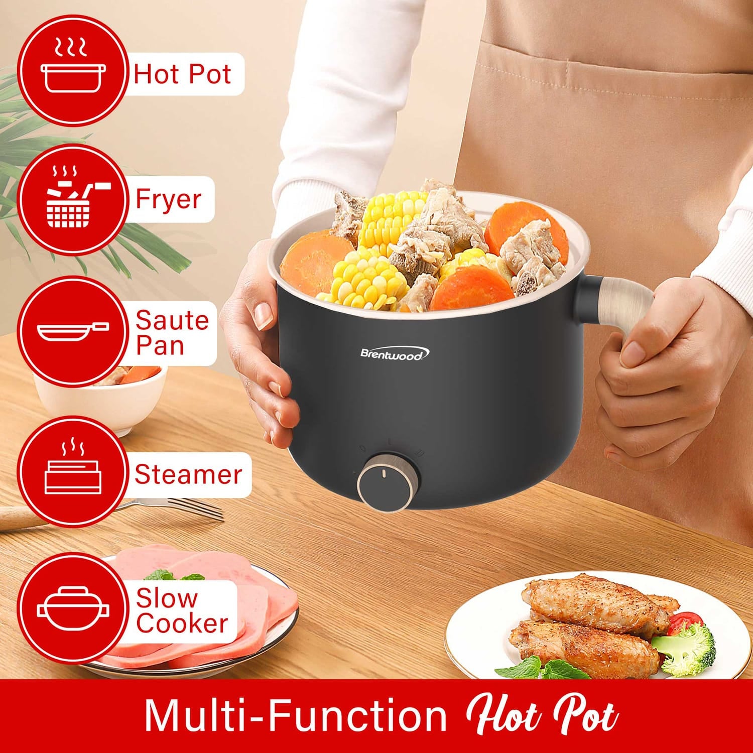 Brentwood 1.6-Qt. 600-Watt Multi-Function Electric Hot Pot Cooker with Ceramic Nonstick Coating, Black