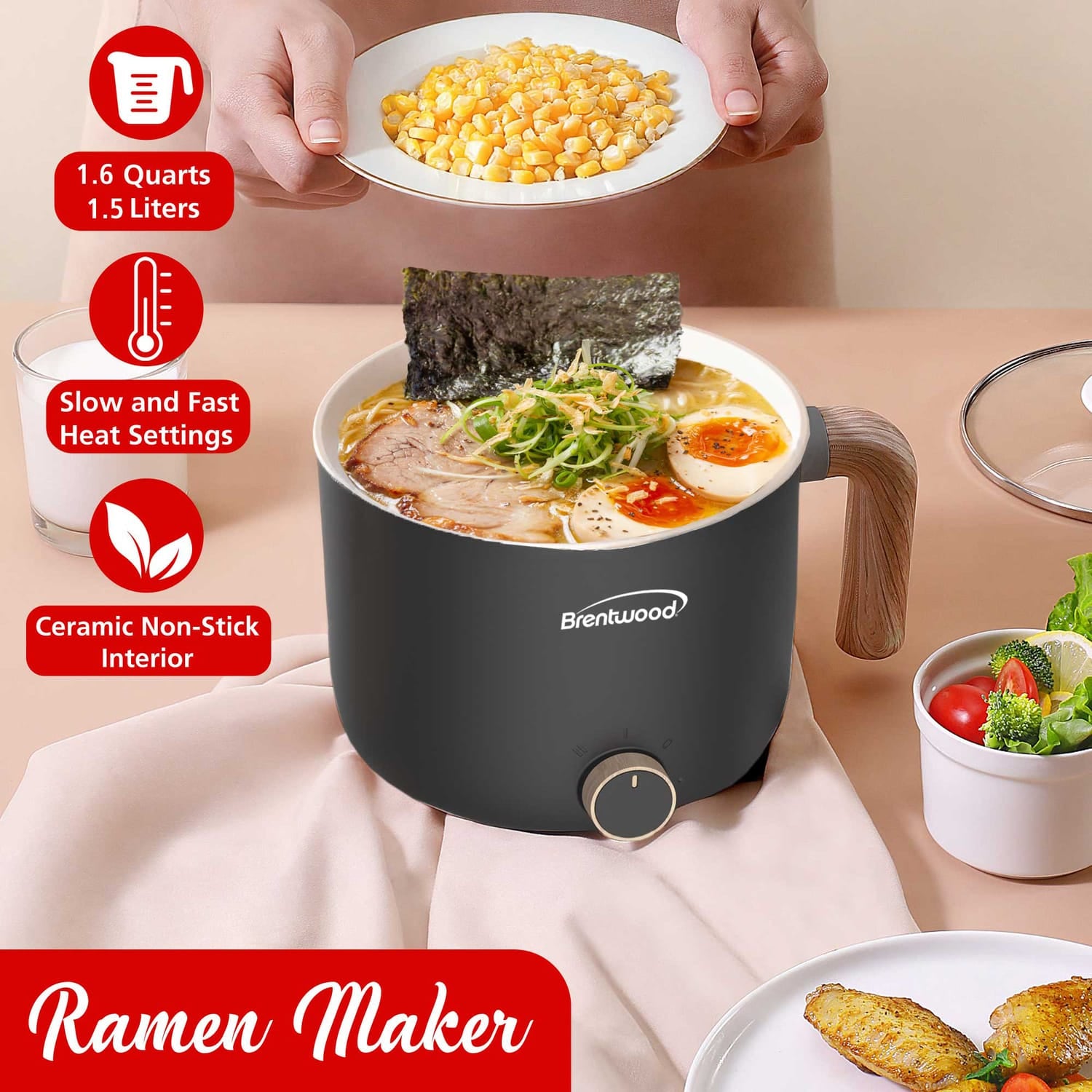 Brentwood 1.6-Qt. 600-Watt Multi-Function Electric Hot Pot Cooker with Ceramic Nonstick Coating, Black