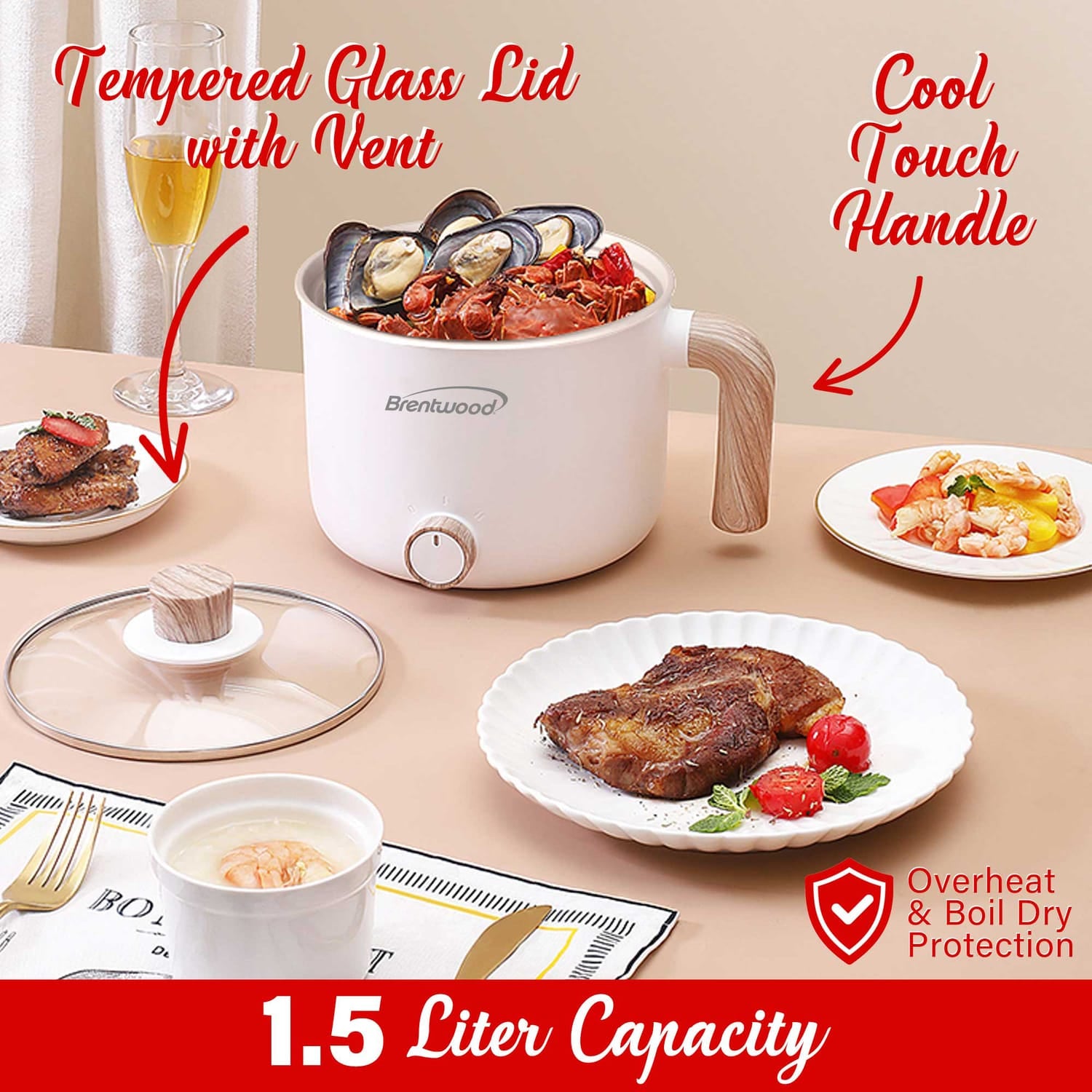 Brentwood 1.6-Qt. 600-Watt Multi-Function Electric Hot Pot Cooker with Ceramic Nonstick Coating, White