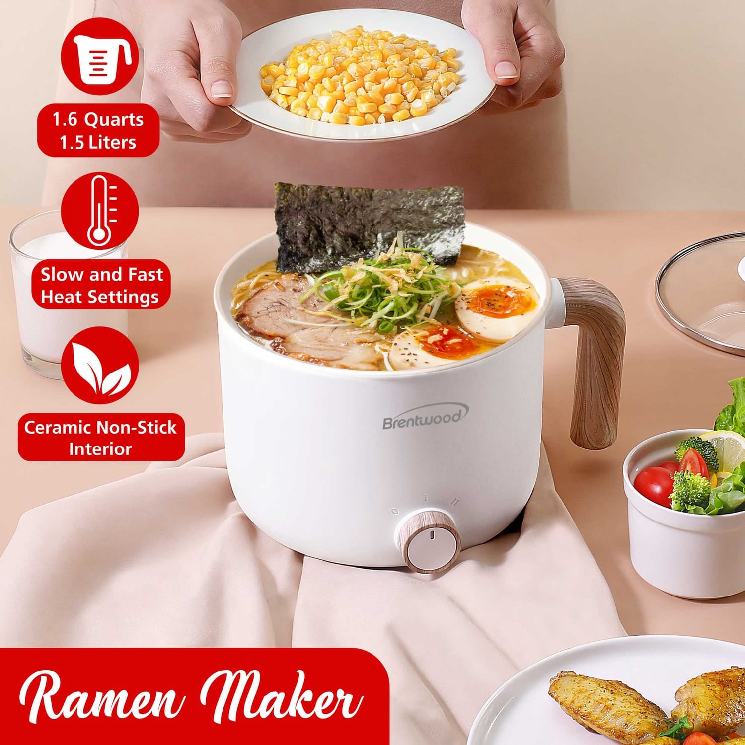 Brentwood 1.6-Qt. 600-Watt Multi-Function Electric Hot Pot Cooker with Ceramic Nonstick Coating, White