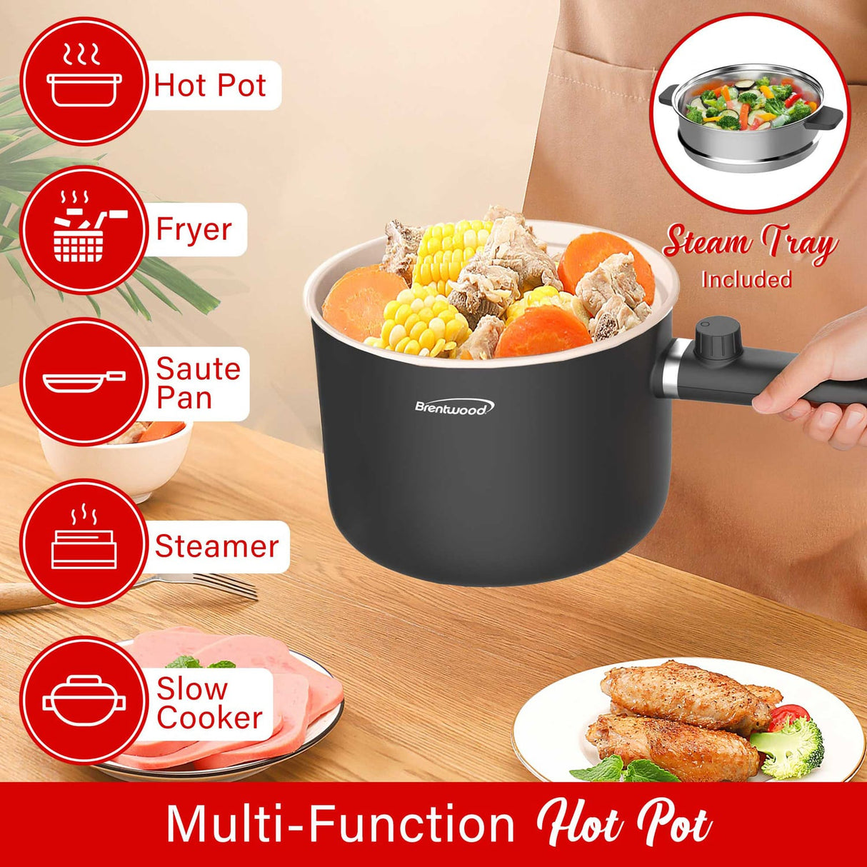 Brentwood 600W 1.6-Qt. Multifunction Electric Hot Pot Cooker with Ceramic Nonstick Coating and Stainless-Steel Food Steamer, Straight Handle, Black