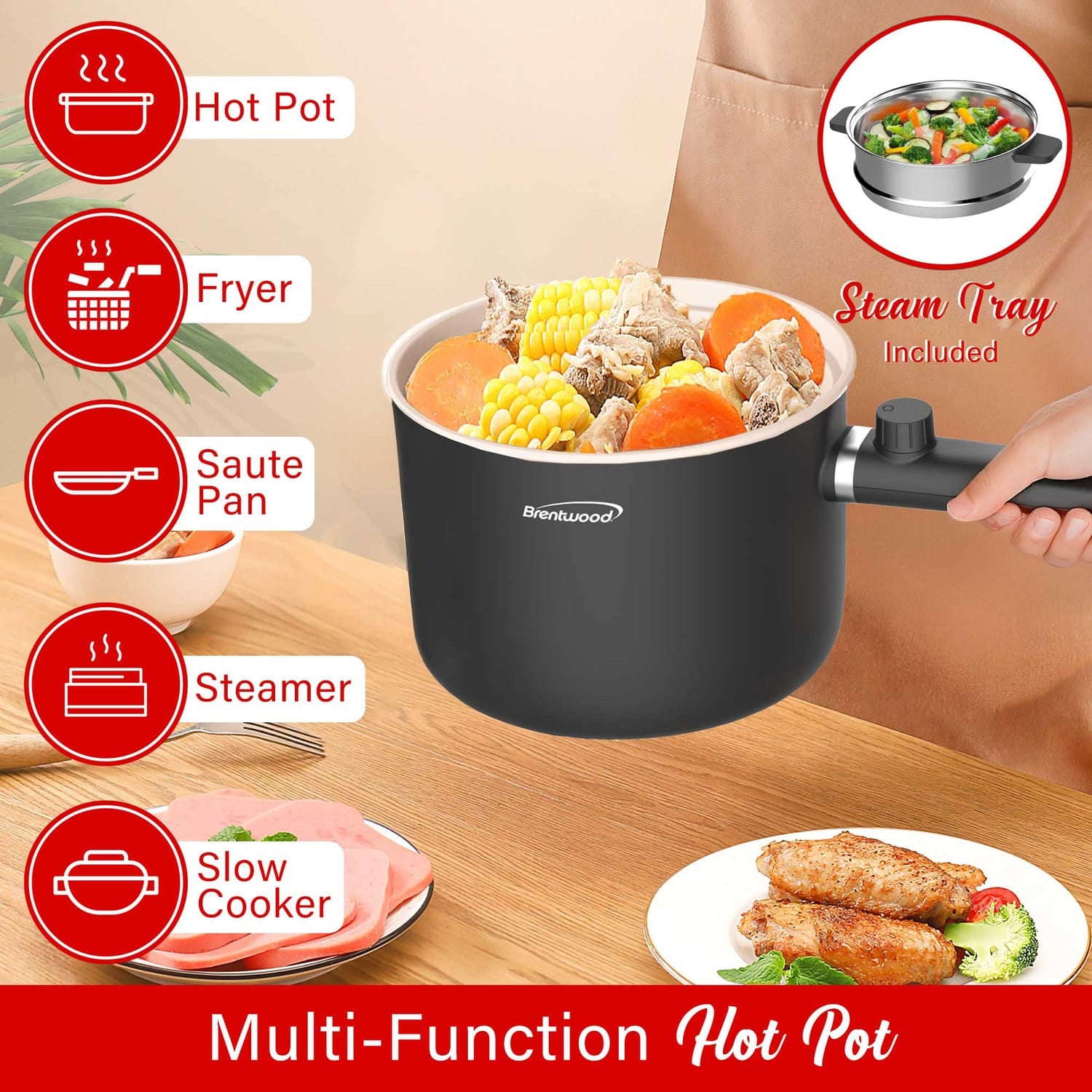 Brentwood 600W 1.6-Qt. Multifunction Electric Hot Pot Cooker with Ceramic Nonstick Coating and Stainless-Steel Food Steamer, Straight Handle, Black