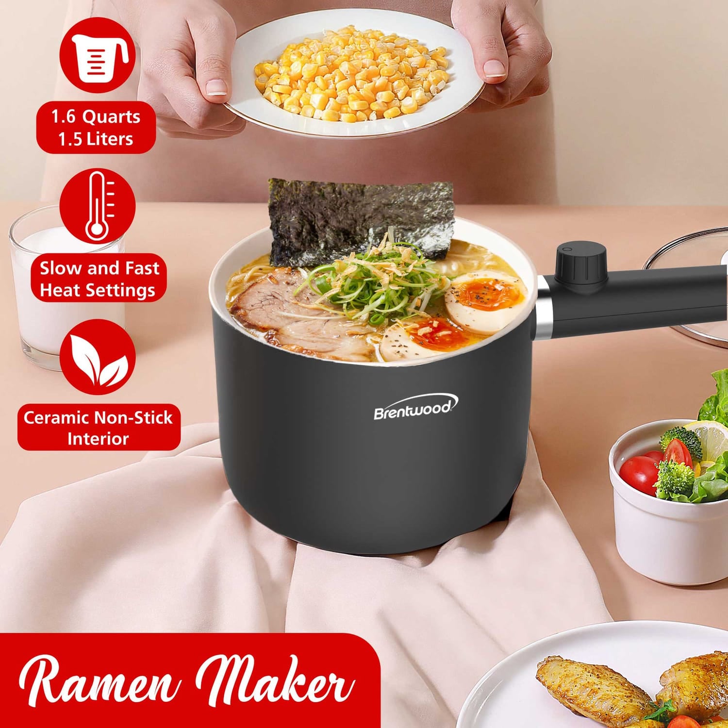 Brentwood 600W 1.6-Qt. Multifunction Electric Hot Pot Cooker with Ceramic Nonstick Coating and Stainless-Steel Food Steamer, Straight Handle, Black