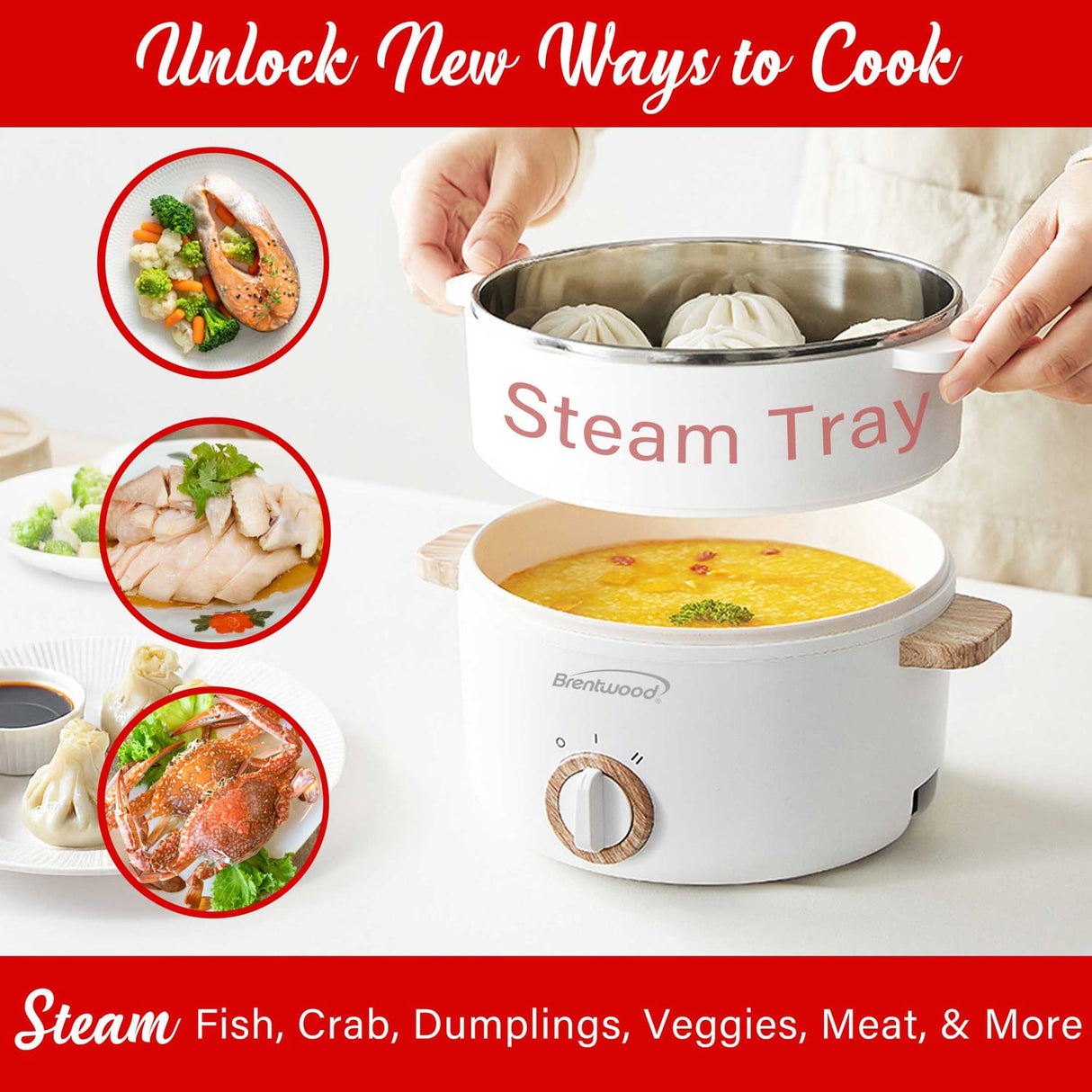 Brentwood 1.6-Qt. Multi-Function Electric Hot Pot Cooker with Stainless Steel Food Steamer and Ceramic Non-Stick Coating, White, HPS-3162W