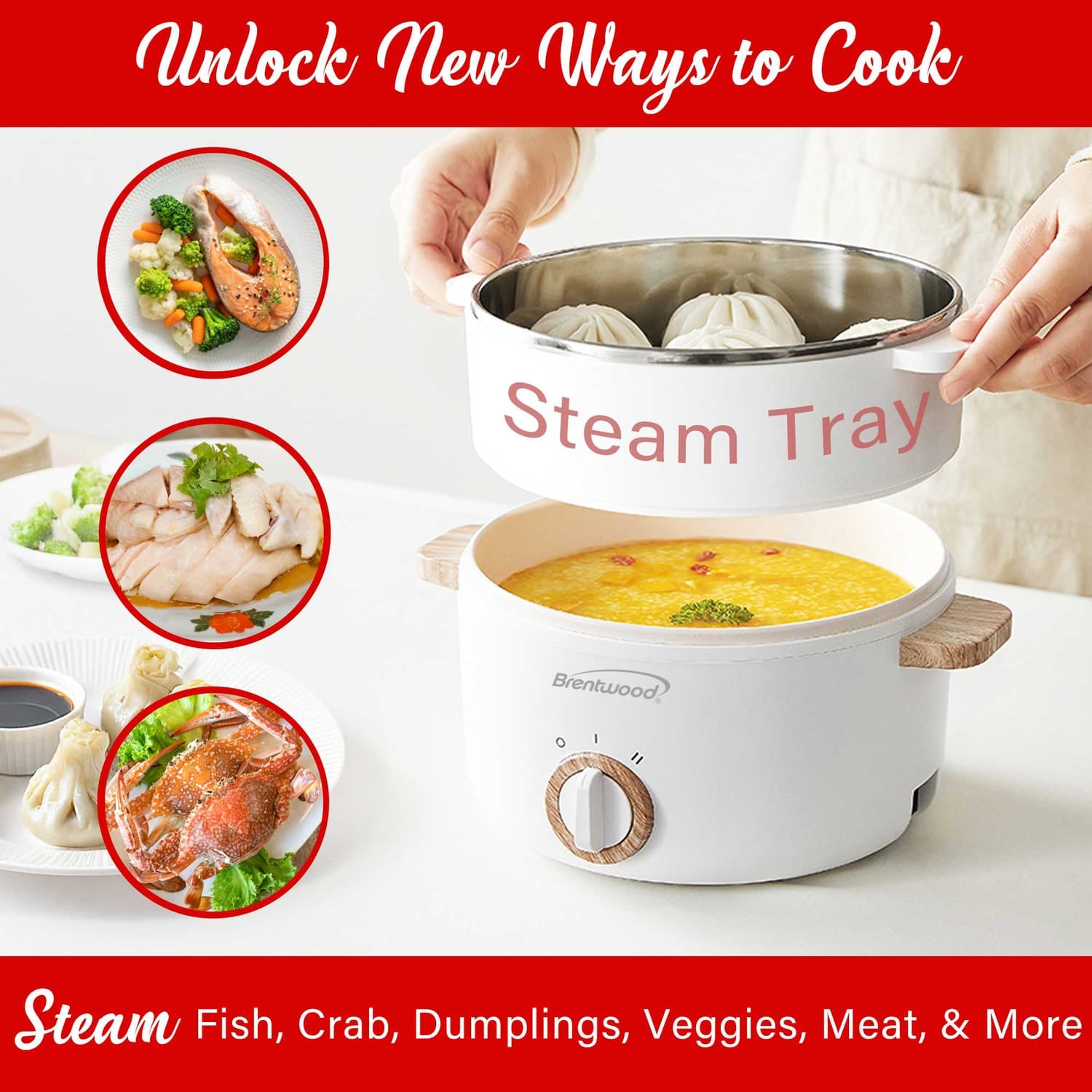 Brentwood 1.6-Qt. Multi-Function Electric Hot Pot Cooker with Stainless Steel Food Steamer and Ceramic Non-Stick Coating, White, HPS-3162W