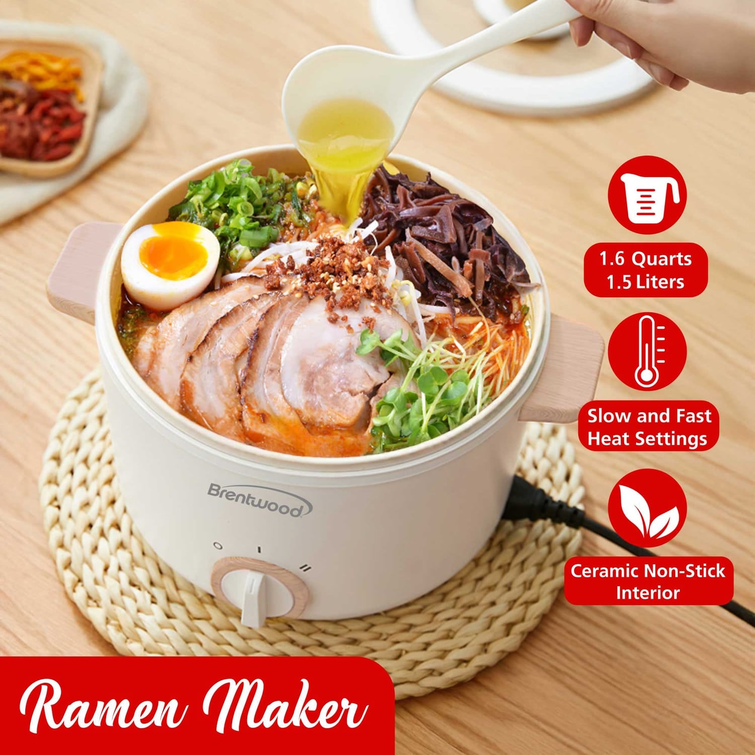 Brentwood 1.6-Qt. Multi-Function Electric Hot Pot Cooker with Stainless Steel Food Steamer and Ceramic Non-Stick Coating, White, HPS-3162W
