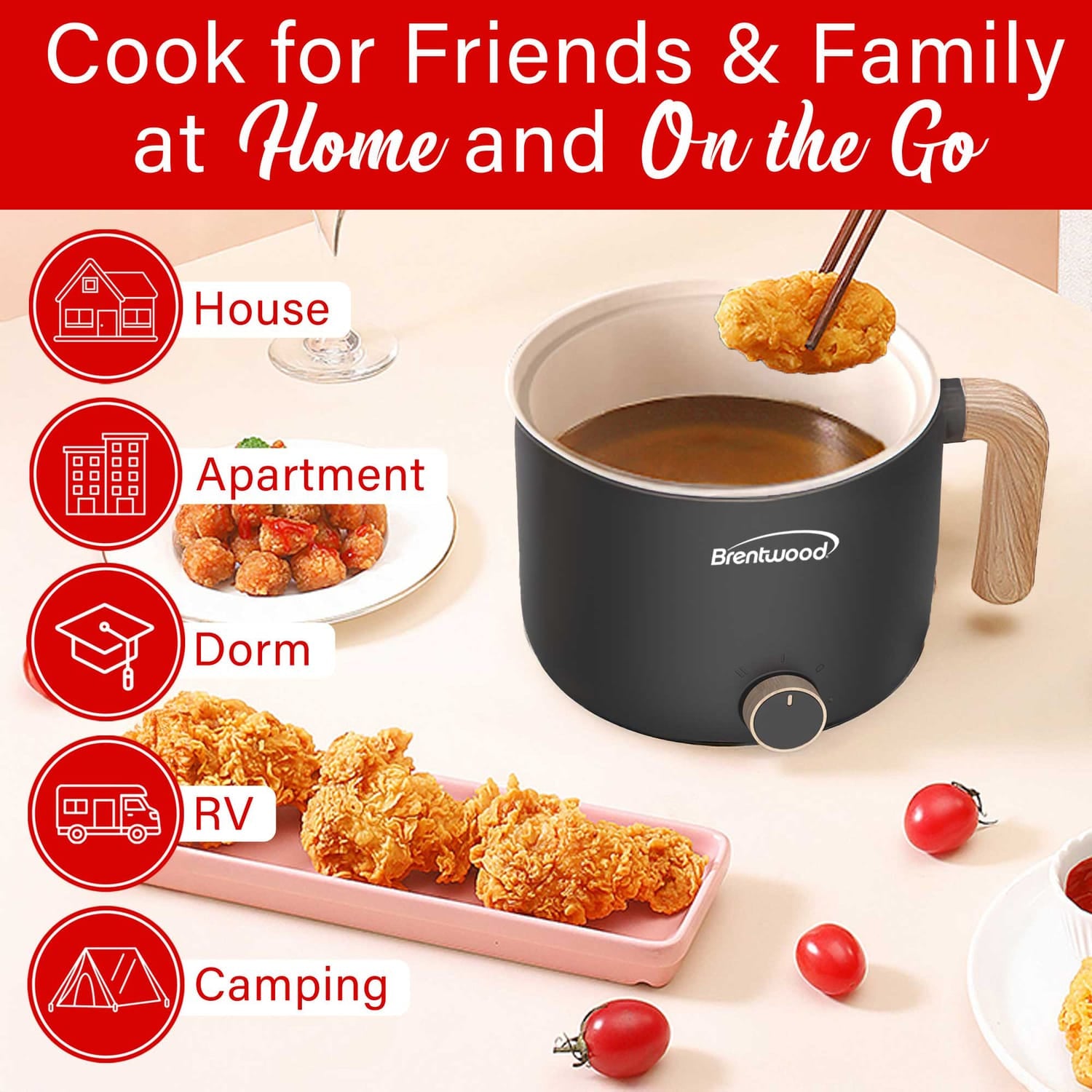 Brentwood 600-Watt 1.6-Qt. Multifunction Electric Hot Pot Cooker with Ceramic Nonstick Coating and Stainless Steel Food Steamer, Angled Handle, Black
