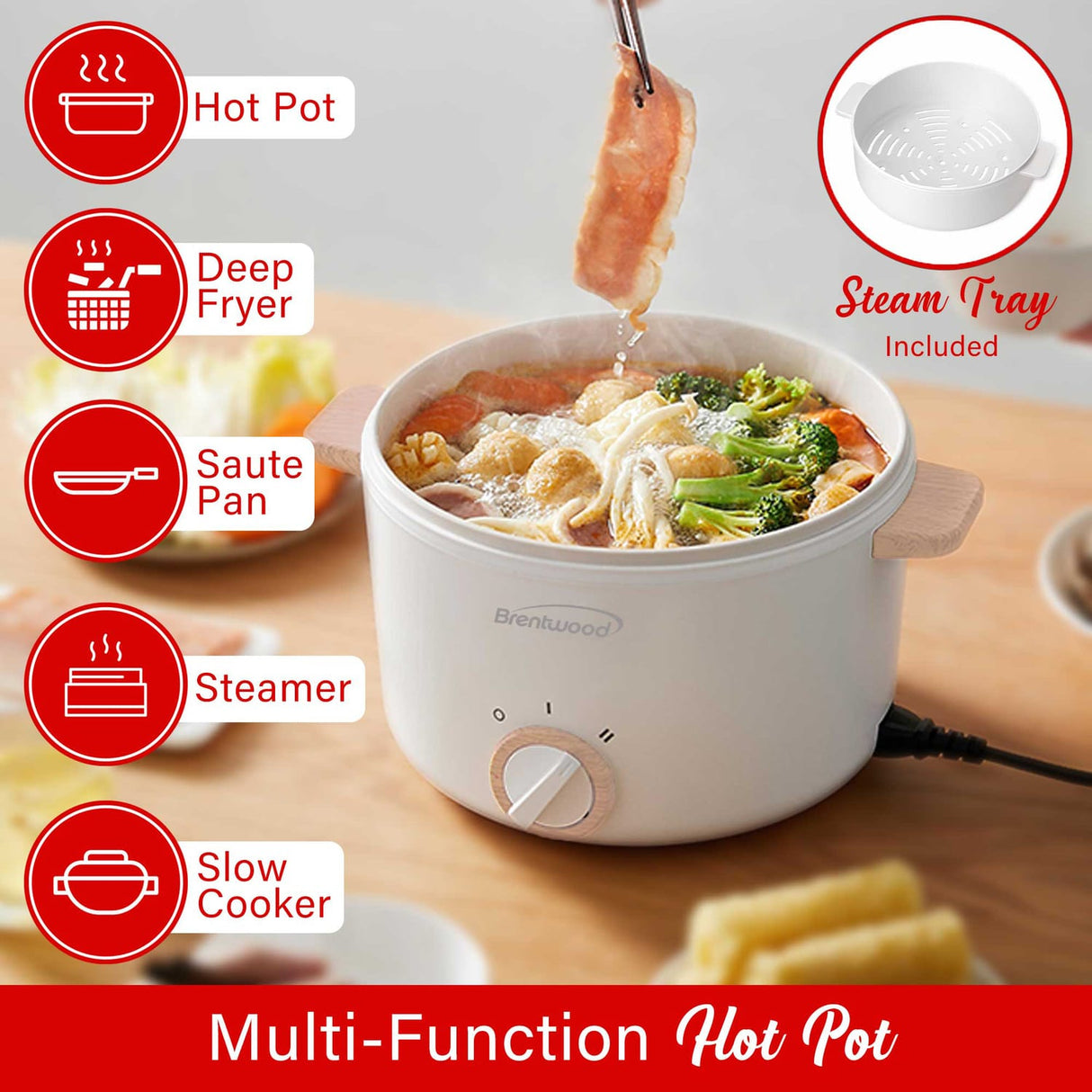 Brentwood 3.2-Qt. Multi-Function Electric Hot Pot Cooker with Food Steamer and Ceramic Non-Stick Coating, White, HPS-3302W