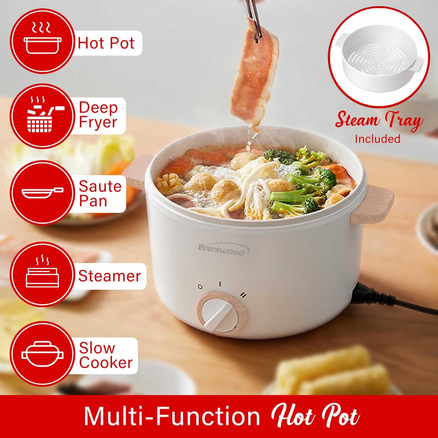 Brentwood 3.2-Qt. Multi-Function Electric Hot Pot Cooker with Food Steamer and Ceramic Non-Stick Coating, White, HPS-3302W