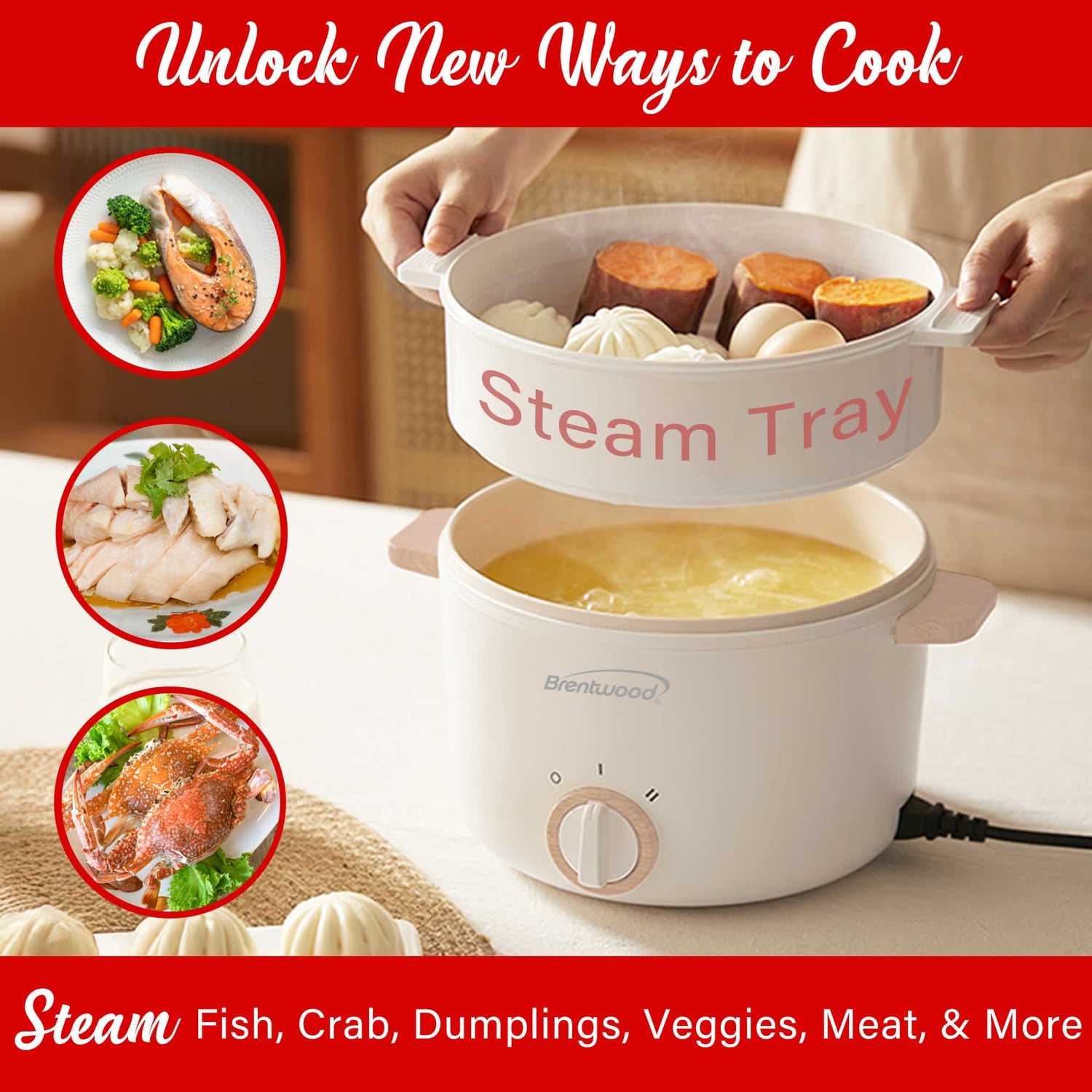 Brentwood 3.2-Qt. Multi-Function Electric Hot Pot Cooker with Food Steamer and Ceramic Non-Stick Coating, White, HPS-3302W