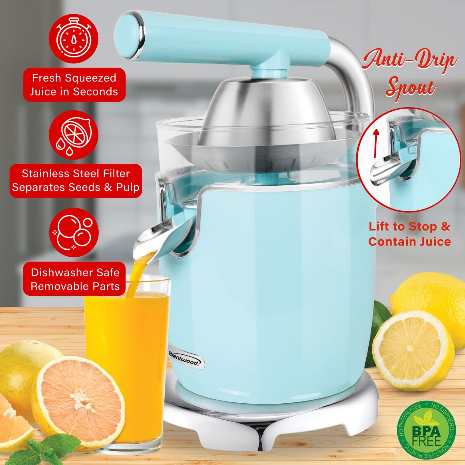 Brentwood 200-Watt 1-Speed Electric Citrus Juicer with 2 Cones and Stainless Steel Lever, Blue