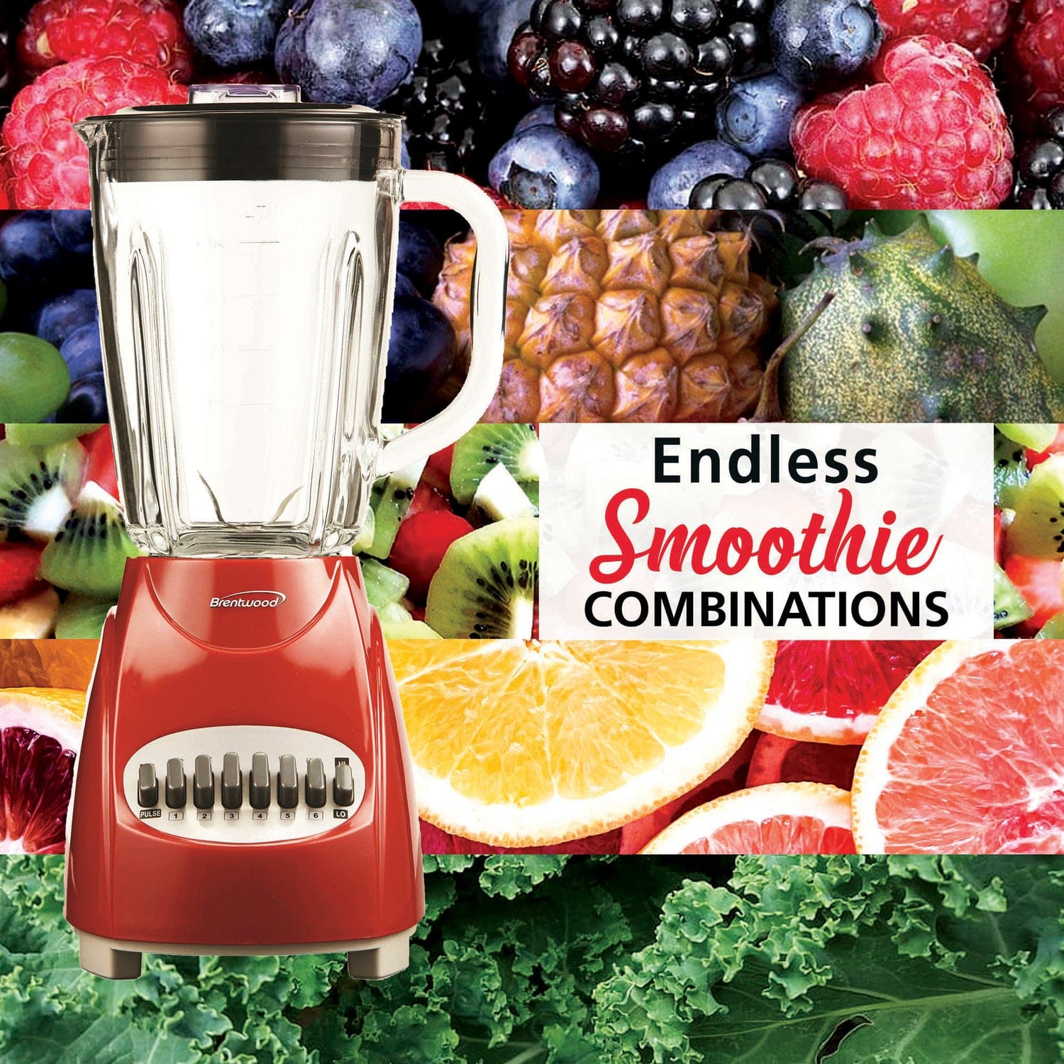 Brentwood 42-Ounce 12-Speed + Pulse Electric Blender with Glass Jar, Red