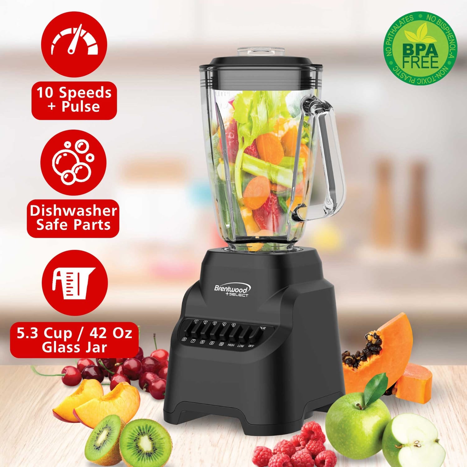 Brentwood Select 5.3-Cup 500-Watt 10-Speed Countertop Blender with Pulse Button