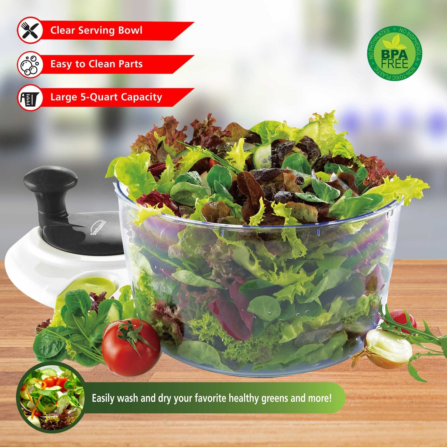 Brentwood Salad Spinner with 5-Qt. Serving Bowl, Black