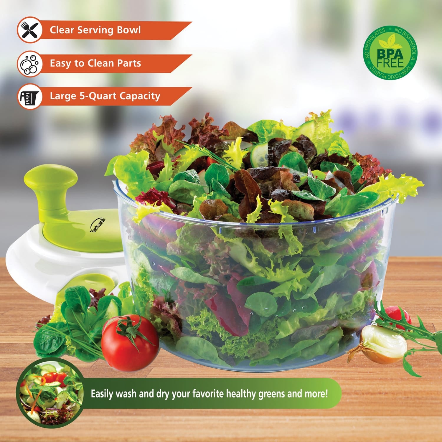 Brentwood Salad Spinner with 5-Qt. Serving Bowl, White