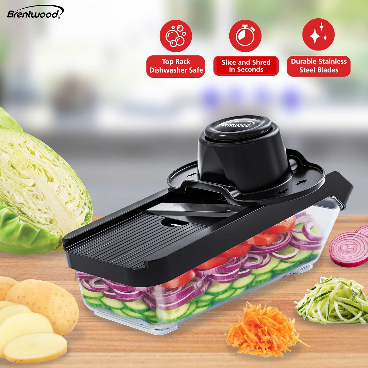 Brentwood Mandoline Slicer and Cheese Grater with 3.6-Cup Storage Container and 6 Interchangeable Stainless Steel Blades, Black
