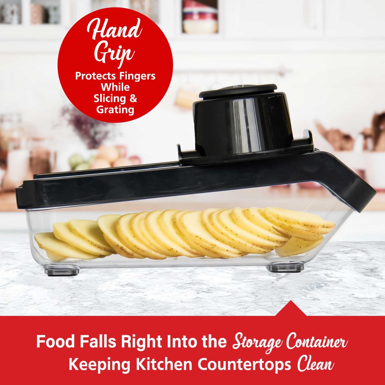 Brentwood Mandoline Slicer and Cheese Grater with 3.6-Cup Storage Container and 6 Interchangeable Stainless Steel Blades, Black