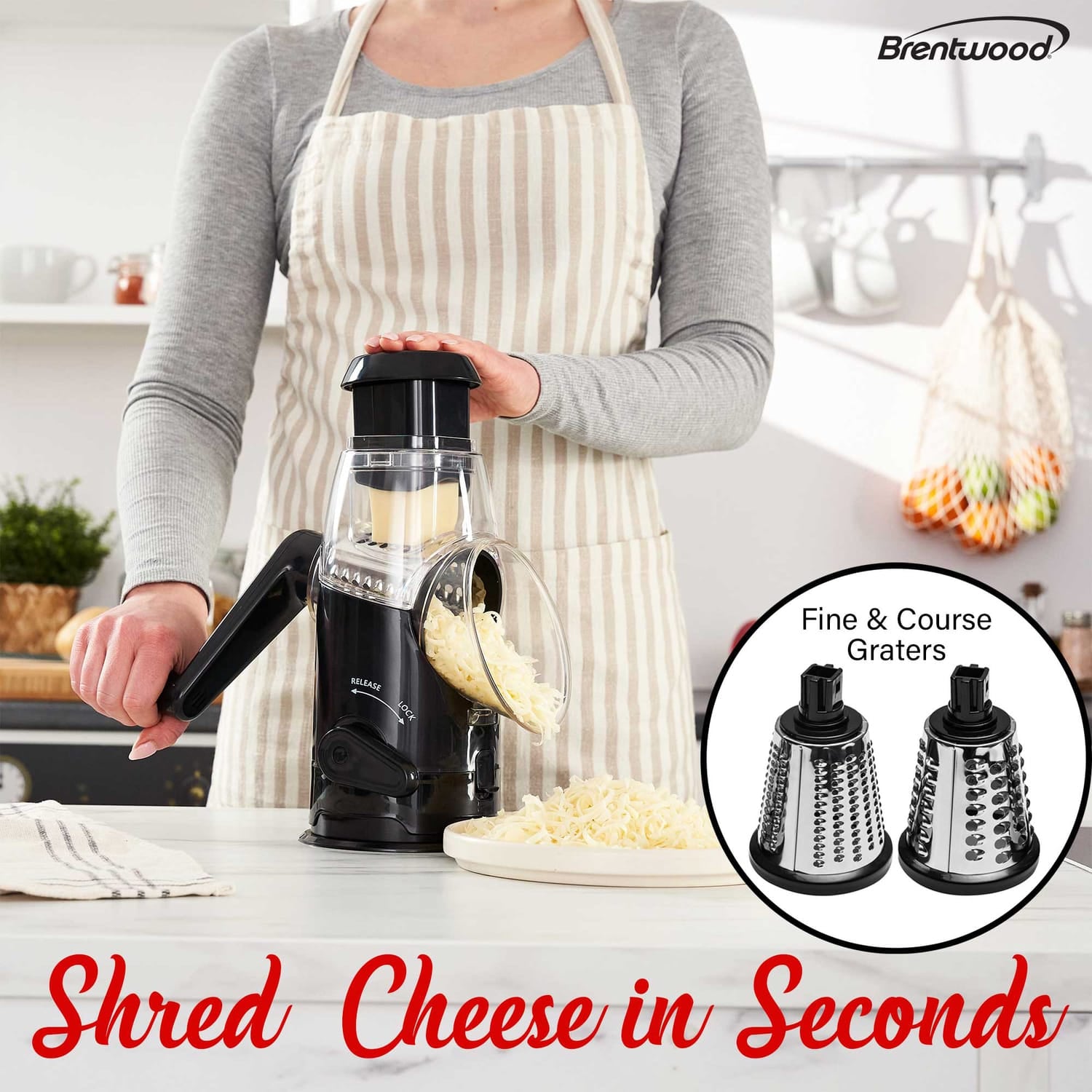 Brentwood Rotary Grater with Handle and Stainless Steel Drum Blades, Black