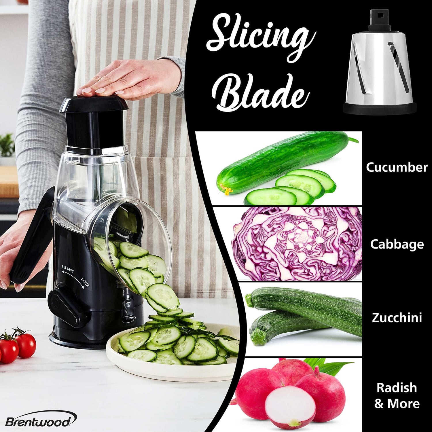 Brentwood Rotary Grater with Handle and Stainless Steel Drum Blades, Black