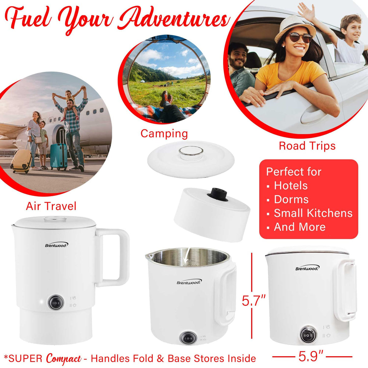 Brentwood 27-Oz. 650-Watt Electric Travel Kettle and Hot Pot, White