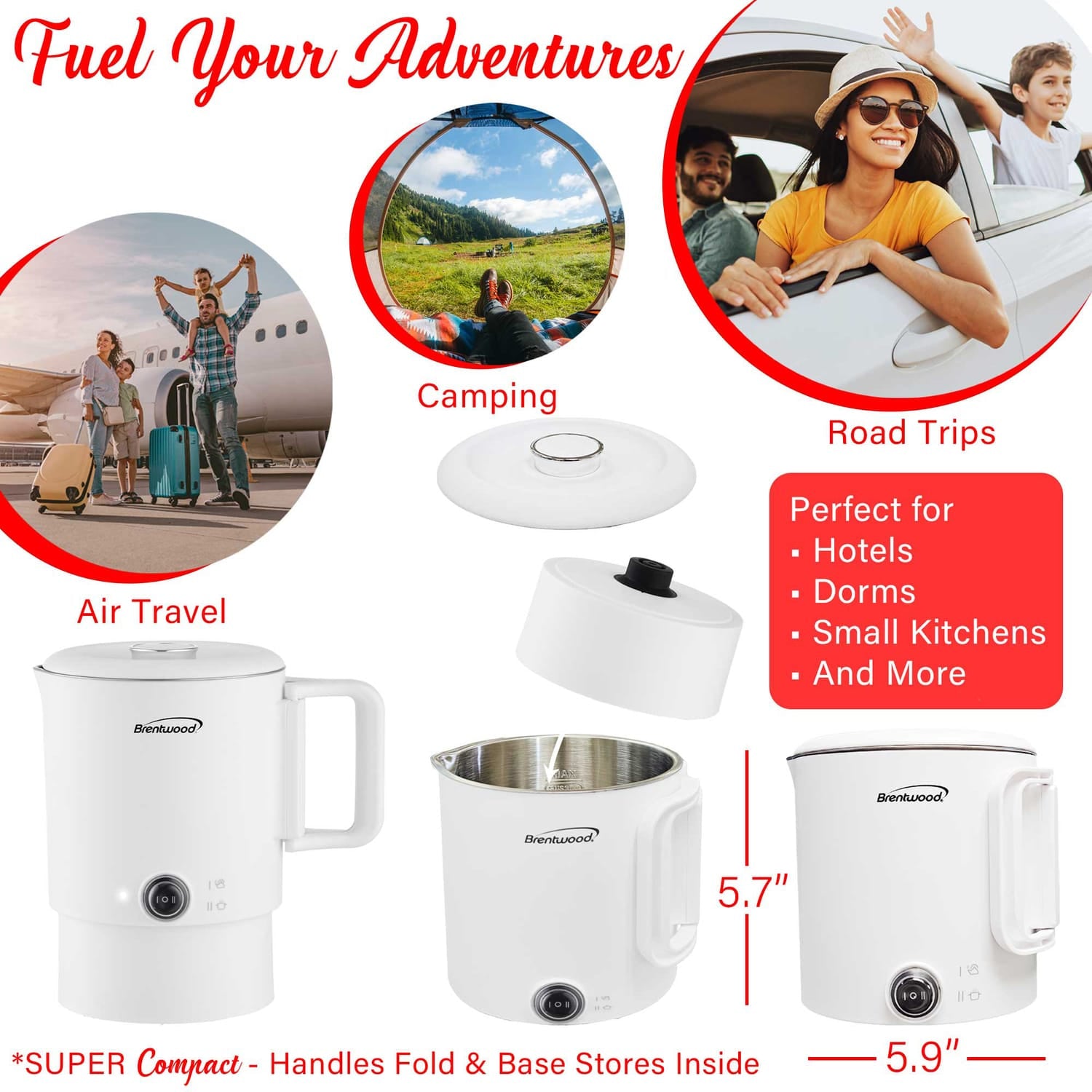 Brentwood 27-Oz. 650-Watt Electric Travel Kettle and Hot Pot, White
