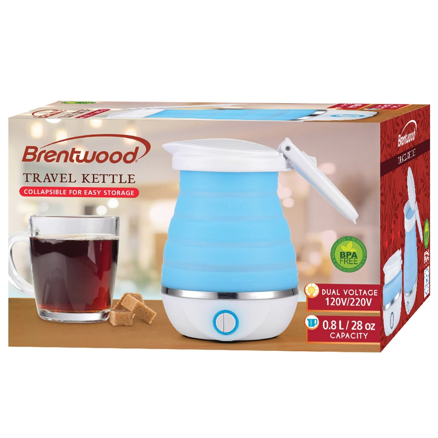 Brentwood .85-Quart Dual-Voltage Collapsible Travel Kettle, Blue