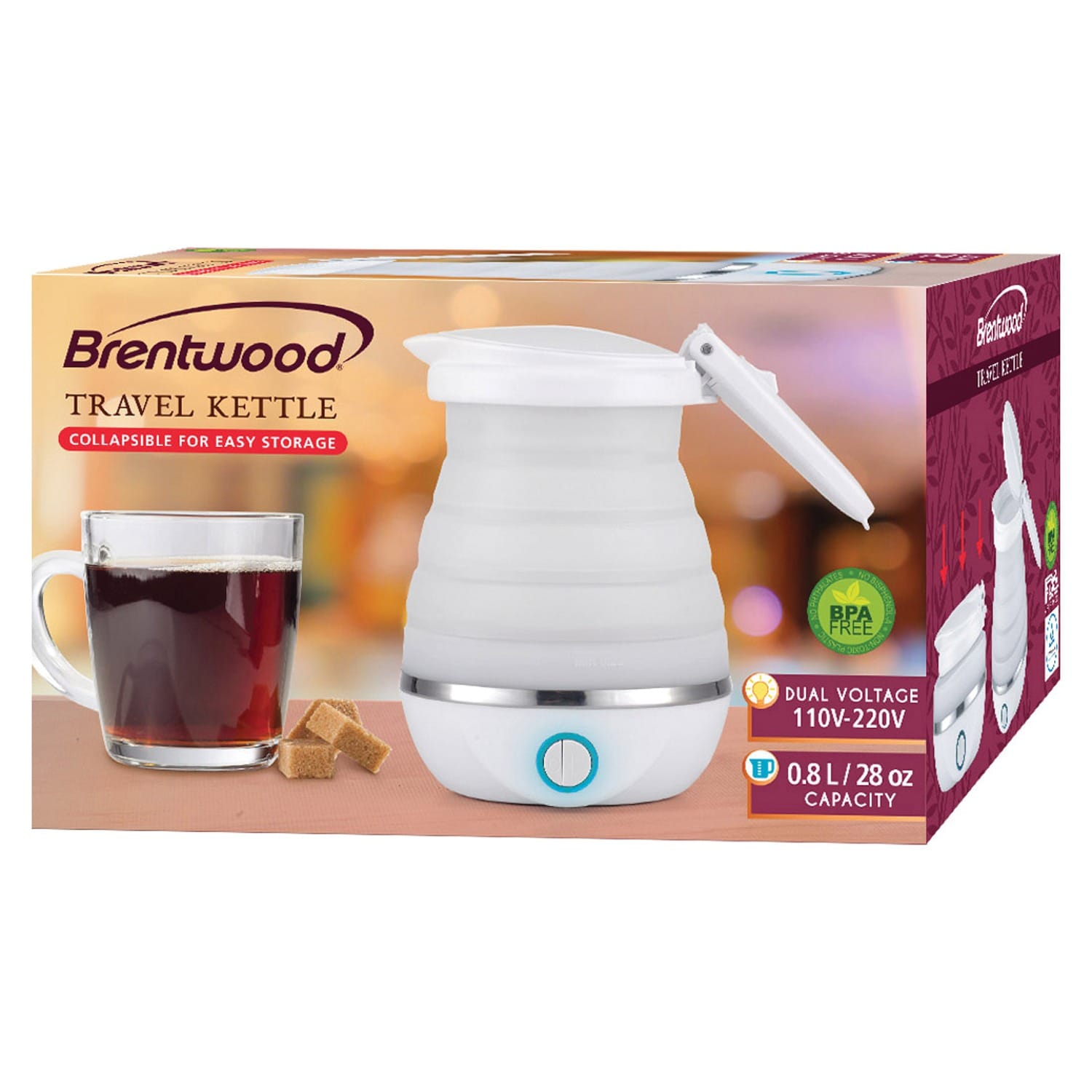 Brentwood .85-Quart Dual-Voltage Collapsible Travel Kettle, White