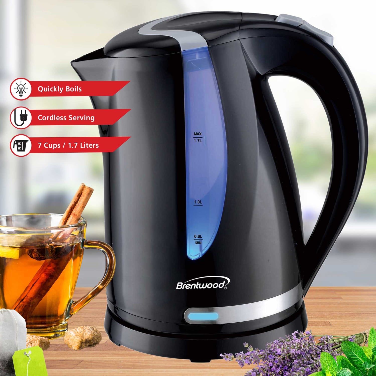 Brentwood 1100W Cordless Electric Kettle with Concealed Stainless Steel Heating Element, 360° Base, Auto Shutoff, Boil-Dry Protection, 1.7 L, Black