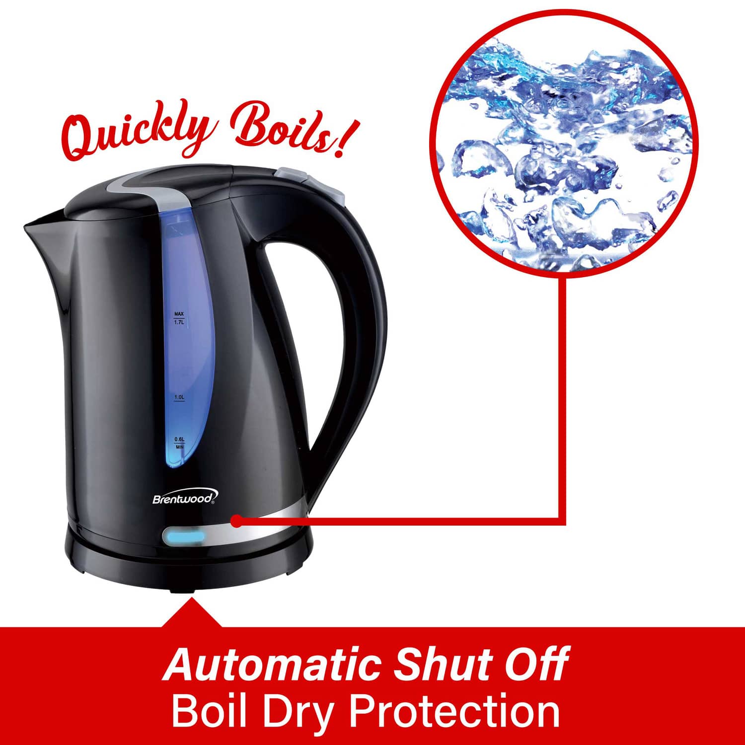 Brentwood 1100W Cordless Electric Kettle with Concealed Stainless Steel Heating Element, 360° Base, Auto Shutoff, Boil-Dry Protection, 1.7 L, Black