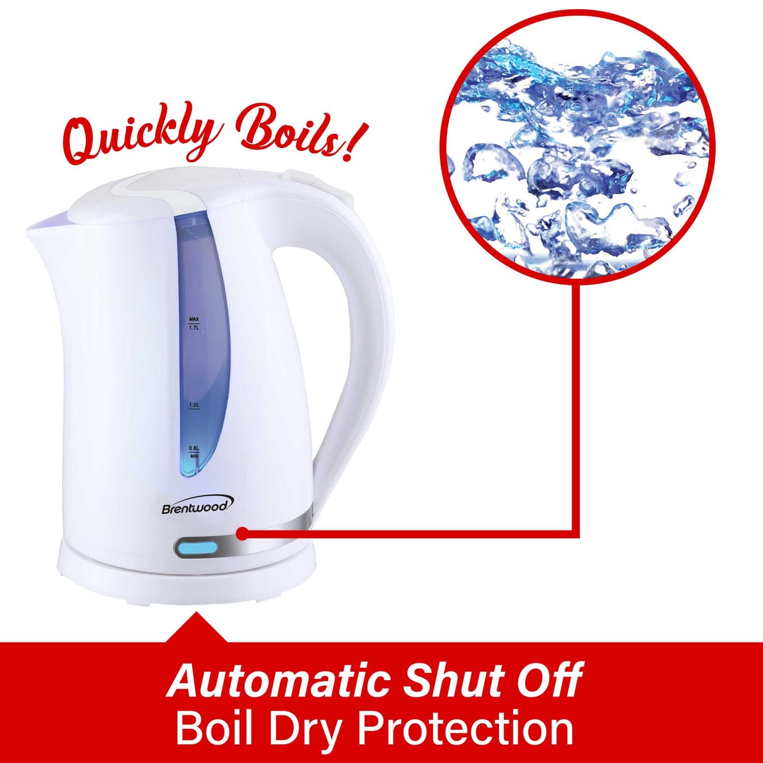 Brentwood 1100W Cordless Electric Kettle with Concealed Stainless Steel Heating Element, 360° Base, Auto Shutoff, Boil-Dry Protection, 1.7 L, White