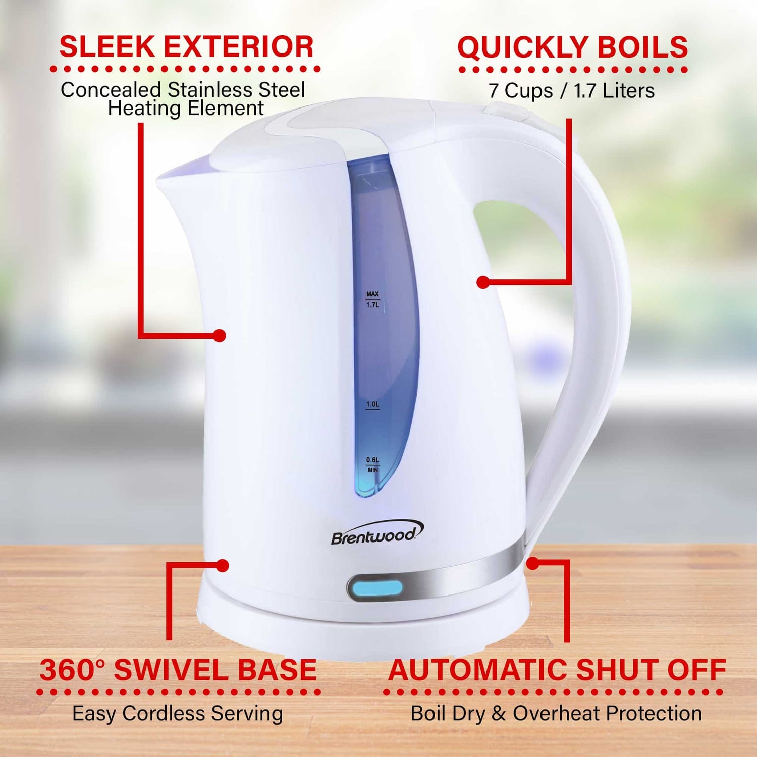 Brentwood 1100W Cordless Electric Kettle with Concealed Stainless Steel Heating Element, 360° Base, Auto Shutoff, Boil-Dry Protection, 1.7 L, White