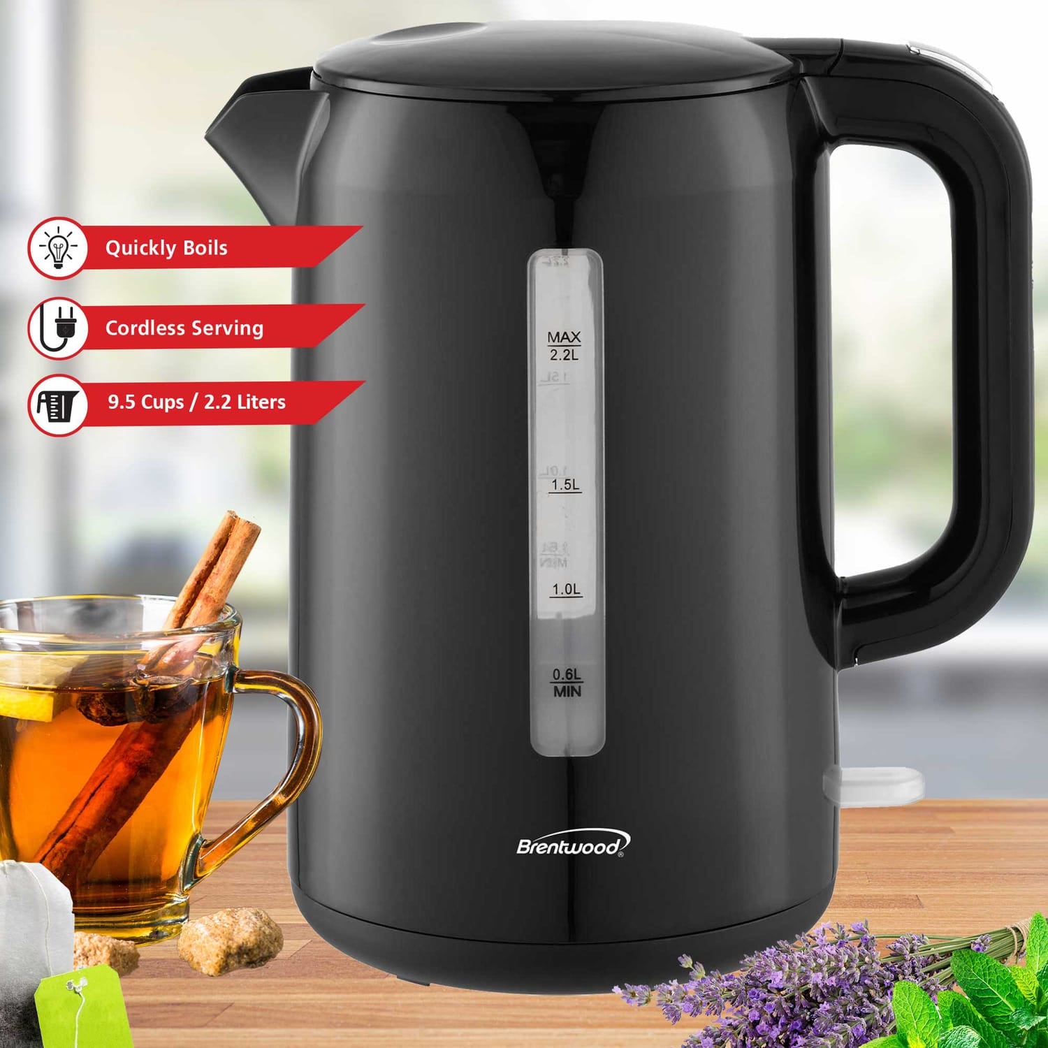 Brentwood 1100W Cordless Electric Kettle with Concealed Stainless Steel Heating Element, 360° Base, Auto Shutoff, Boil-Dry Protection, 2.2 L, Black