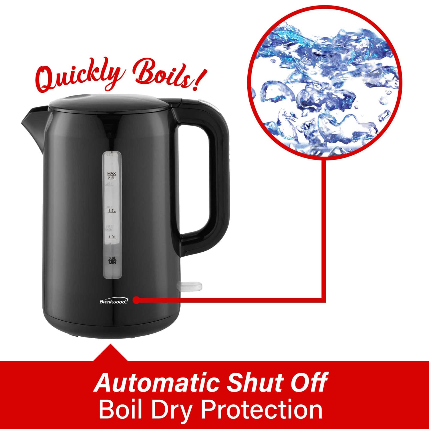 Brentwood 1100W Cordless Electric Kettle with Concealed Stainless Steel Heating Element, 360° Base, Auto Shutoff, Boil-Dry Protection, 2.2 L, Black