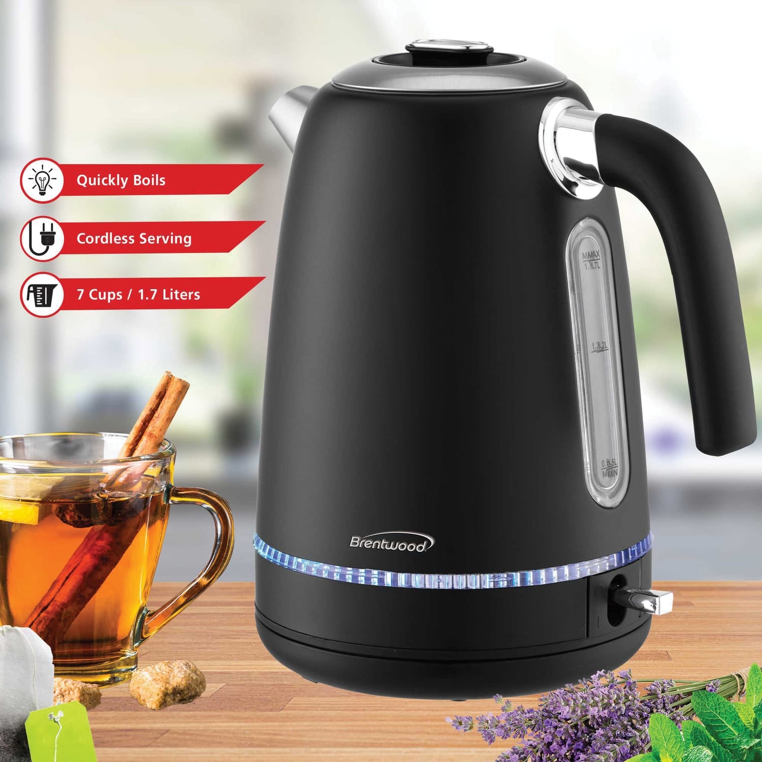 Brentwood 7-Cup 1500-Watt Cordless Electric Stainless Steel Kettle, Black
