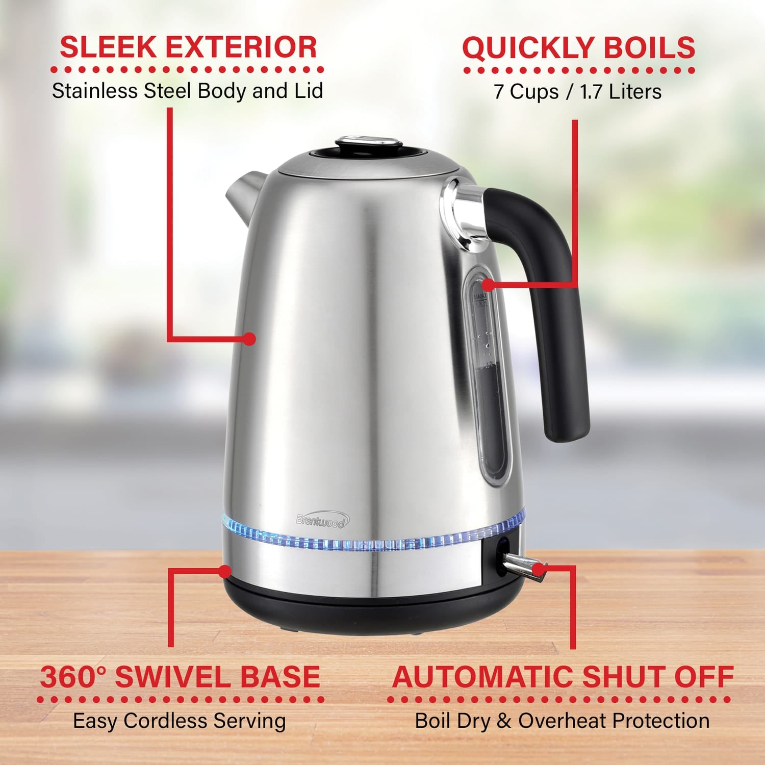 Brentwood 7-Cup 1500-Watt Cordless Electric Stainless Steel Kettle, Metallic