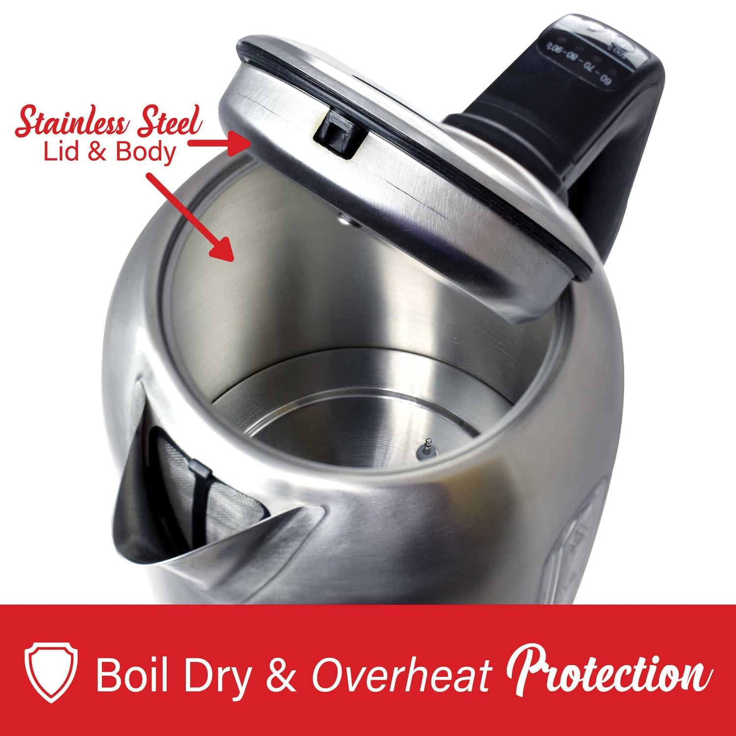 Brentwood 1500-Watt 1.79-Qt. Cordless Digital Stainless Steel Kettle with 5 Temperature Presets and Swivel Base