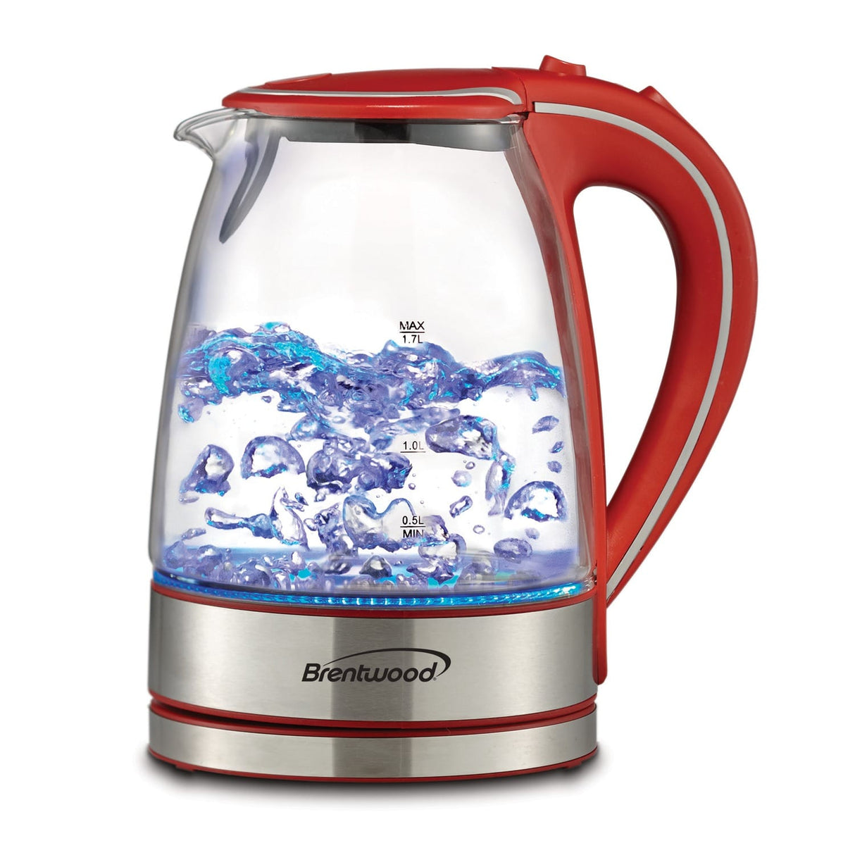 Brentwood 1100-Watt 1.8-Qt. 7-Cup Cordless Tempered-Glass Electric Kettle with Auto Shut-off, Red