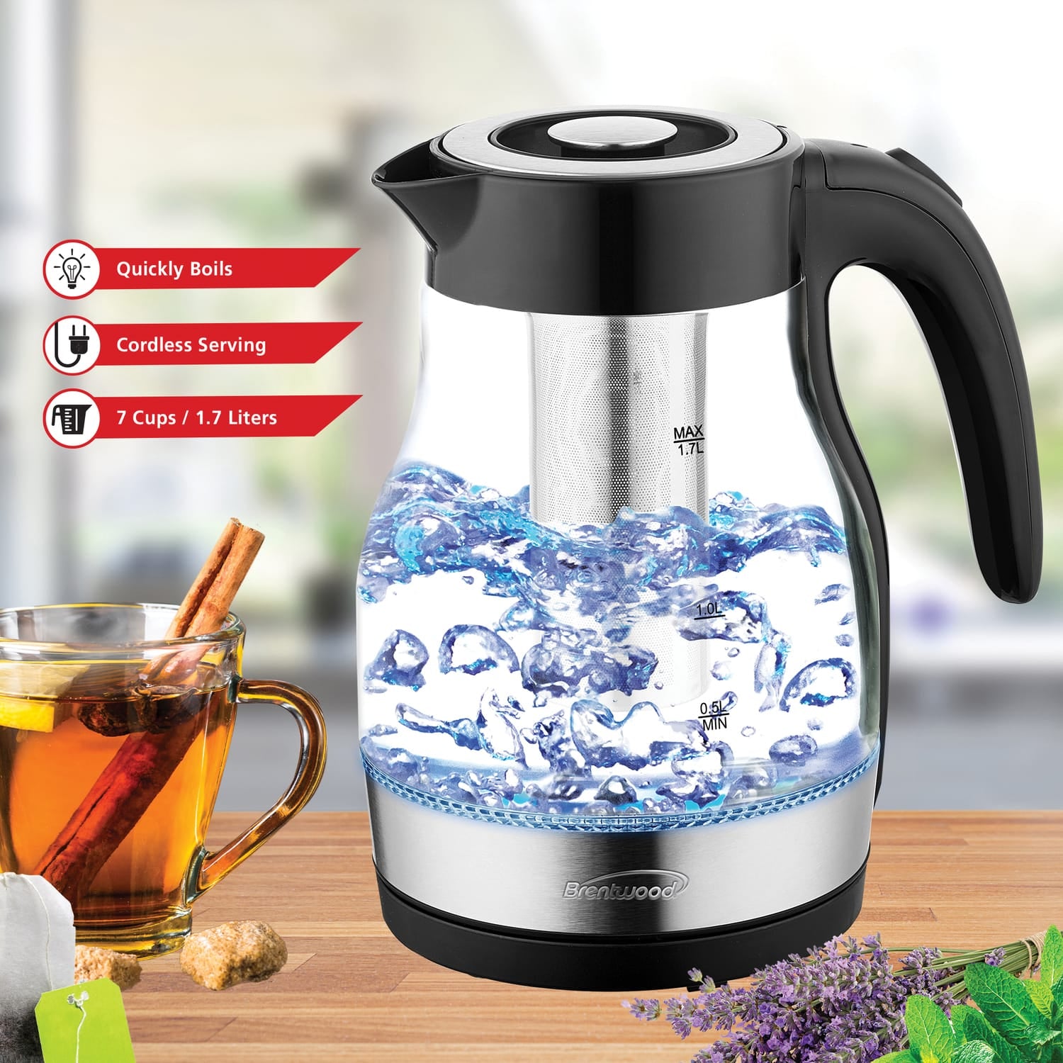 Brentwood 1.79-Qt. 1100-Watt Cordless Glass Electric Kettle with Tea Infuser and Swivel Base, Black