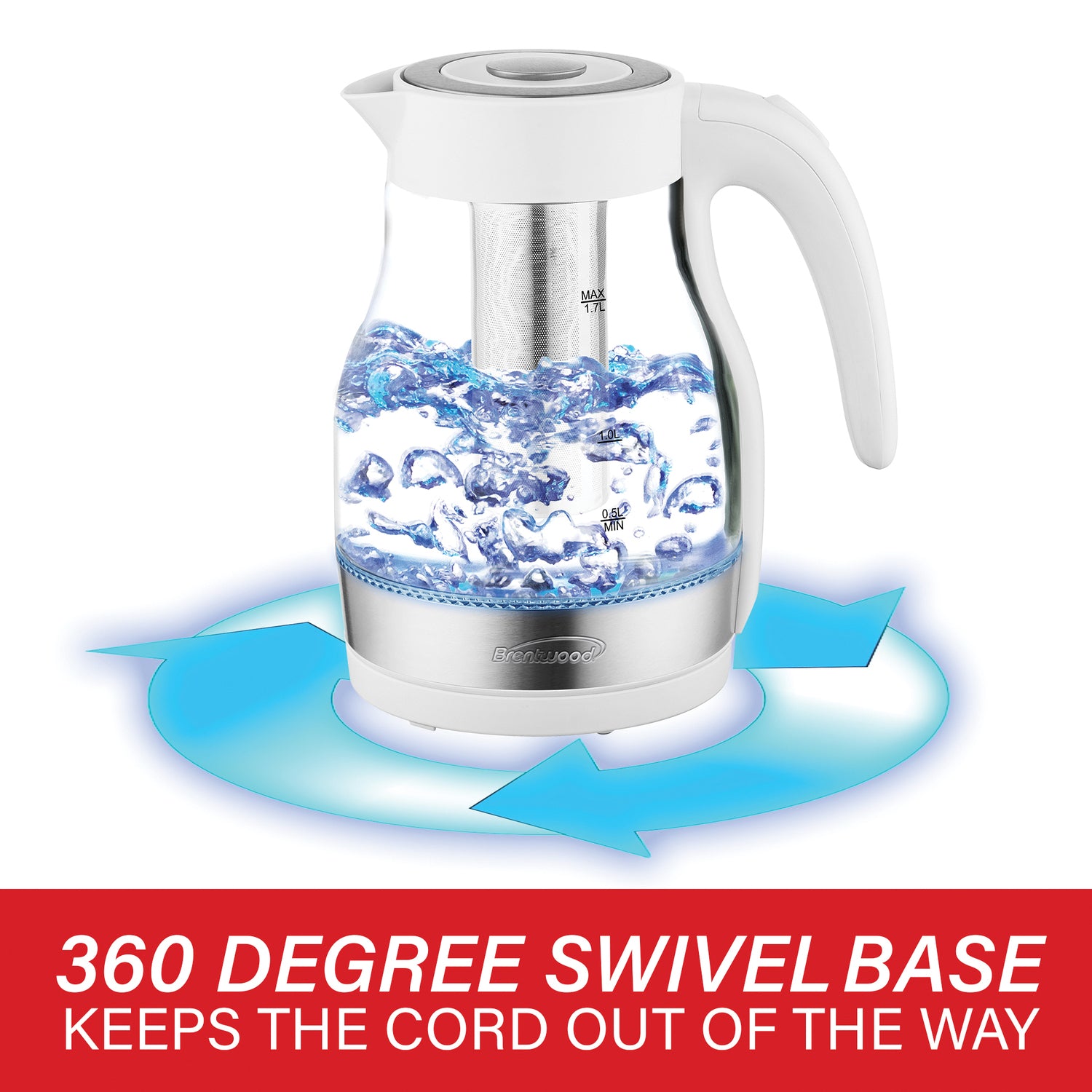 Brentwood 1.79-Qt. 1100-Watt Cordless Glass Electric Kettle with Tea Infuser and Swivel Base, White